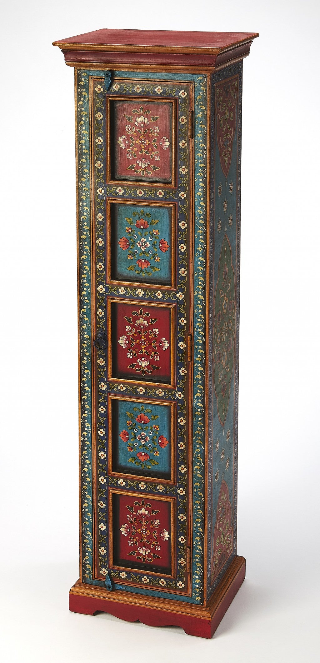 60" Red Blue and Gold Hand Painted Accent Cabinet-Cabinets-DECOROLALA