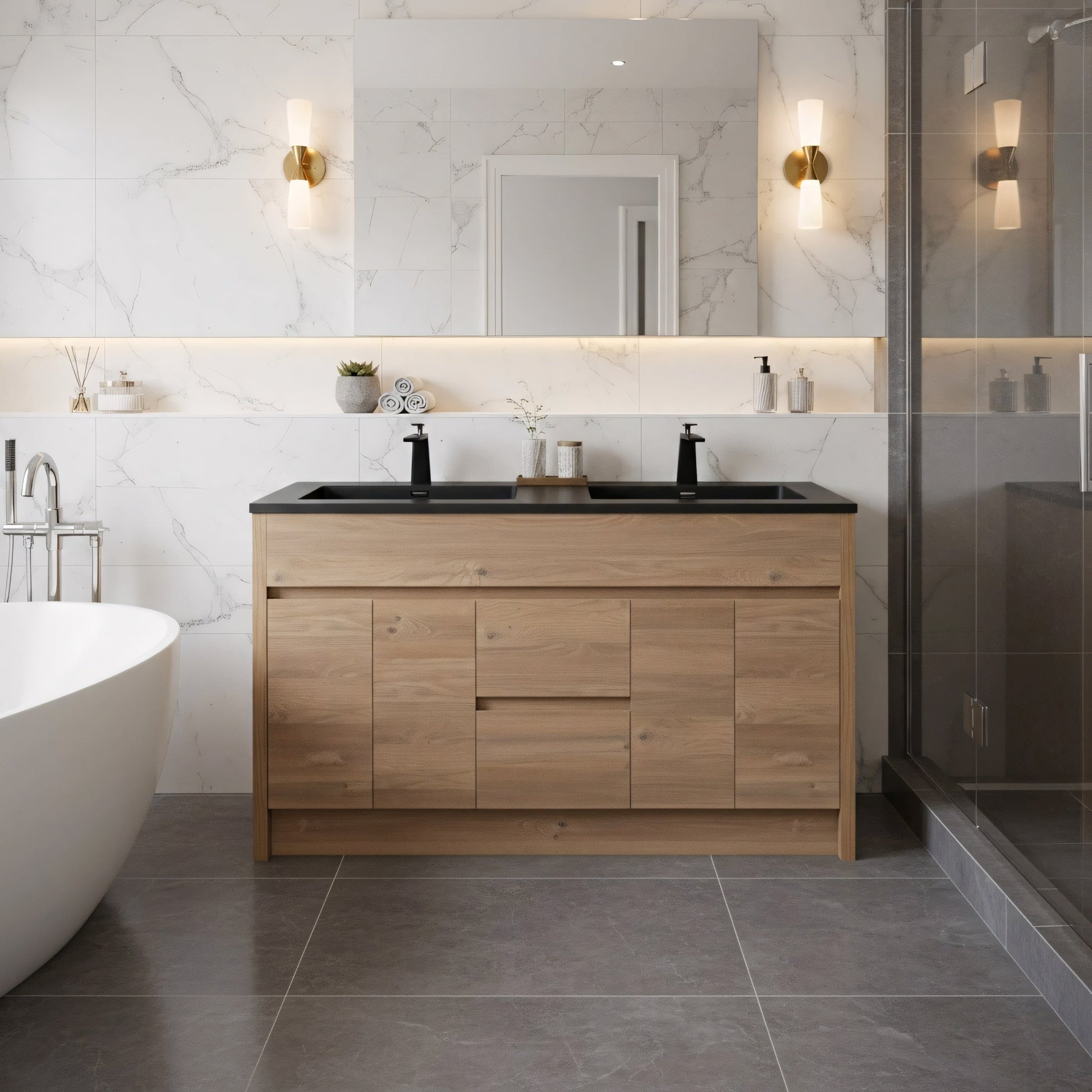 60" Rough Oak Freestanding Double Sink Bathroom Vanity with Black Engineered Quartz Countertop-Migration_Bathroom Vanities-DECOROLALA