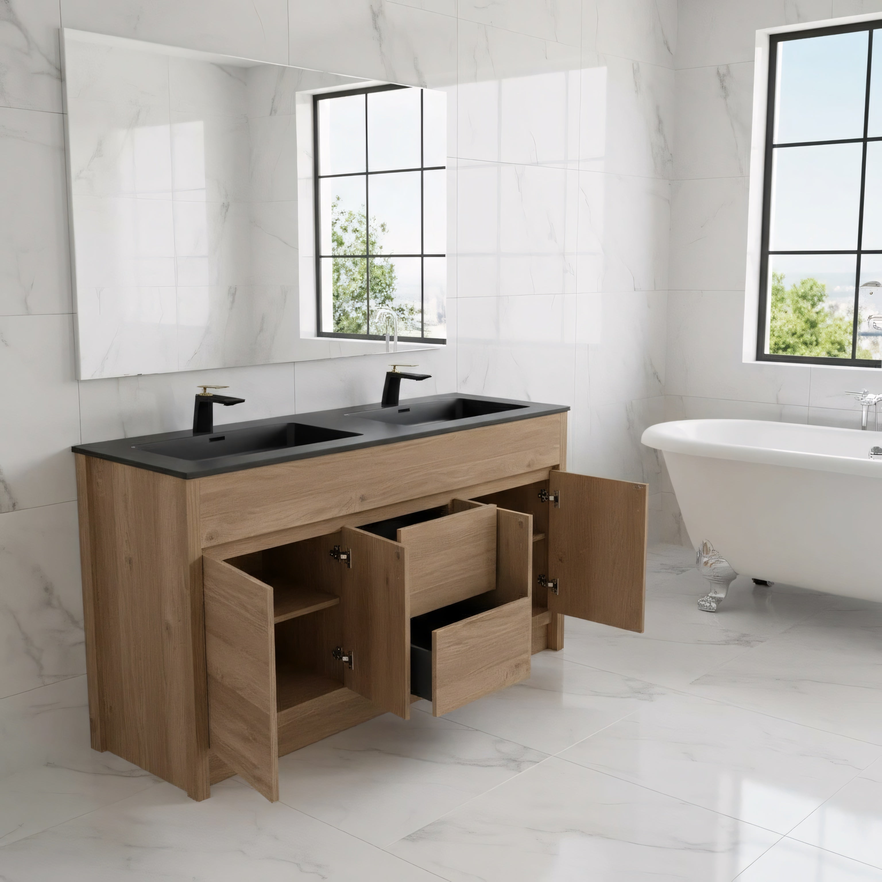 60" Rough Oak Freestanding Double Sink Bathroom Vanity with Black Engineered Quartz Countertop-Migration_Bathroom Vanities-DECOROLALA