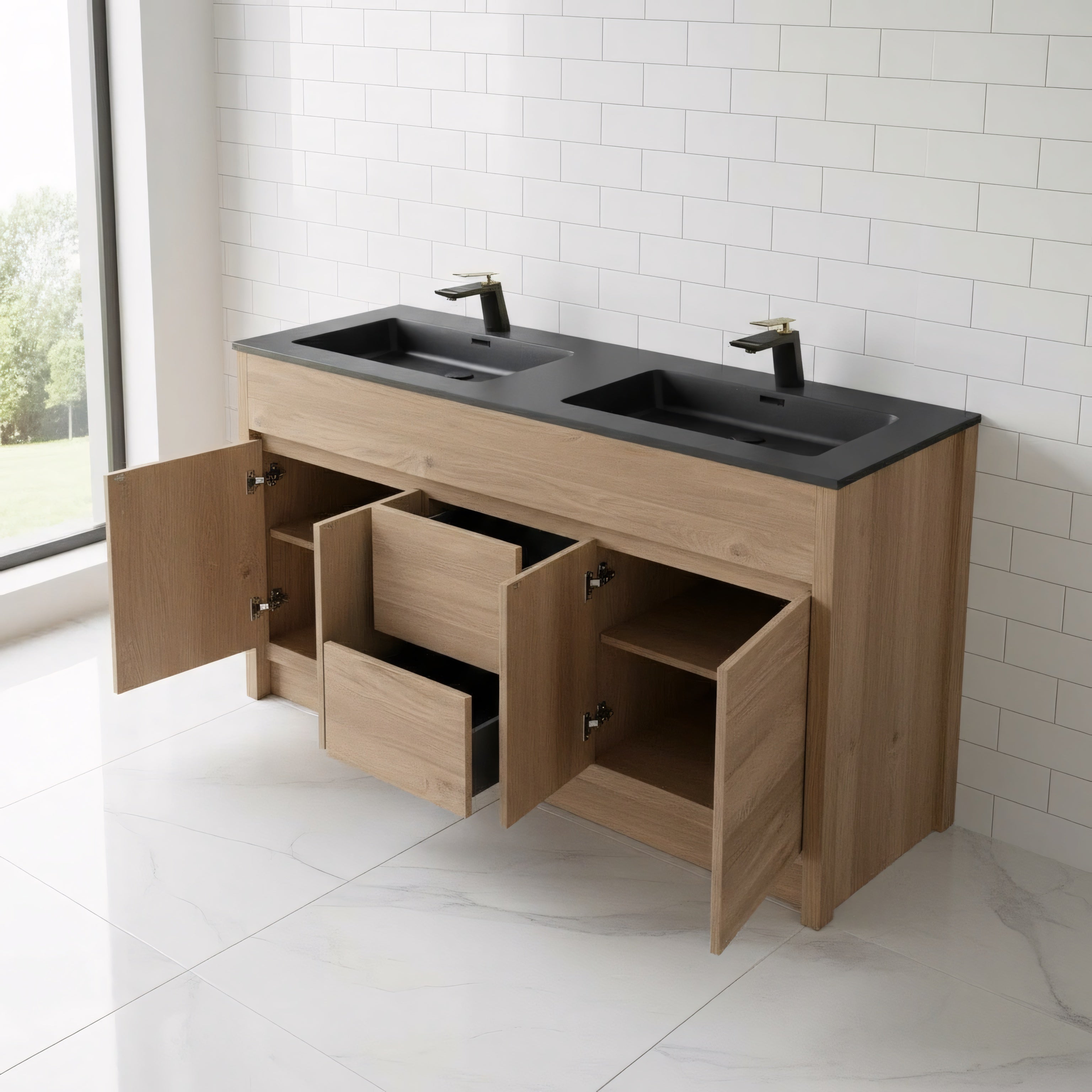 60" Rough Oak Freestanding Double Sink Bathroom Vanity with Black Engineered Quartz Countertop-Migration_Bathroom Vanities-DECOROLALA