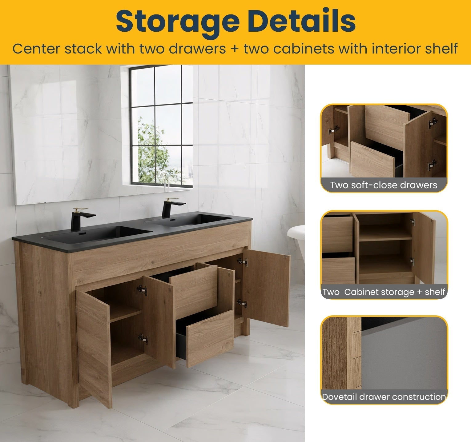 60" Rough Oak Freestanding Double Sink Bathroom Vanity with Black Engineered Quartz Countertop-Migration_Bathroom Vanities-DECOROLALA