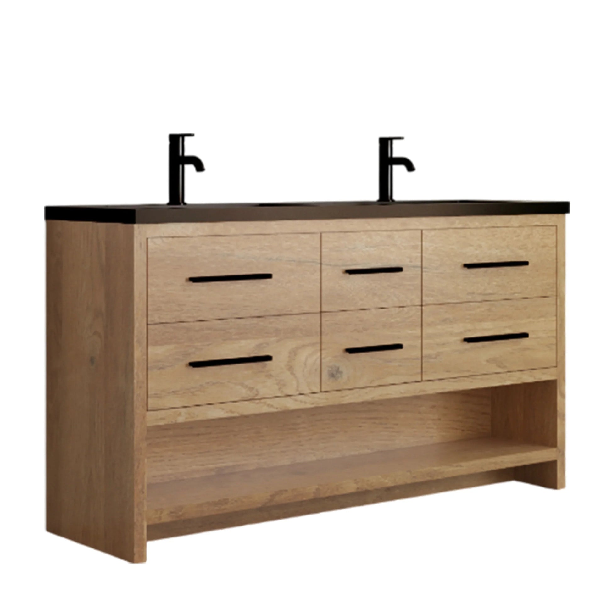 60" Rough Oak Freestanding Double Sink Bathroom Vanity with Black Engineered Quartz Countertop-Migration_Bathroom Vanities-DECOROLALA