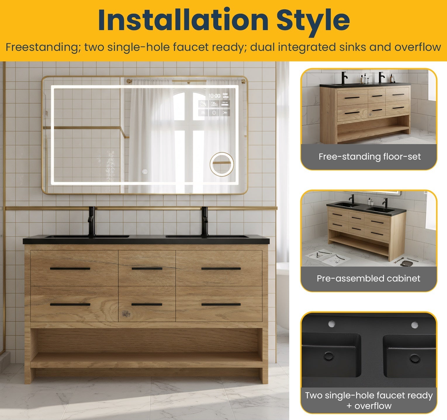 60" Rough Oak Freestanding Double Sink Bathroom Vanity with Black Engineered Quartz Countertop-Migration_Bathroom Vanities-DECOROLALA