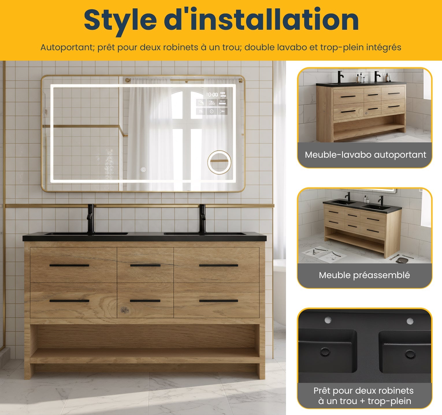 60" Rough Oak Freestanding Double Sink Bathroom Vanity with Black Engineered Quartz Countertop-Migration_Bathroom Vanities-DECOROLALA