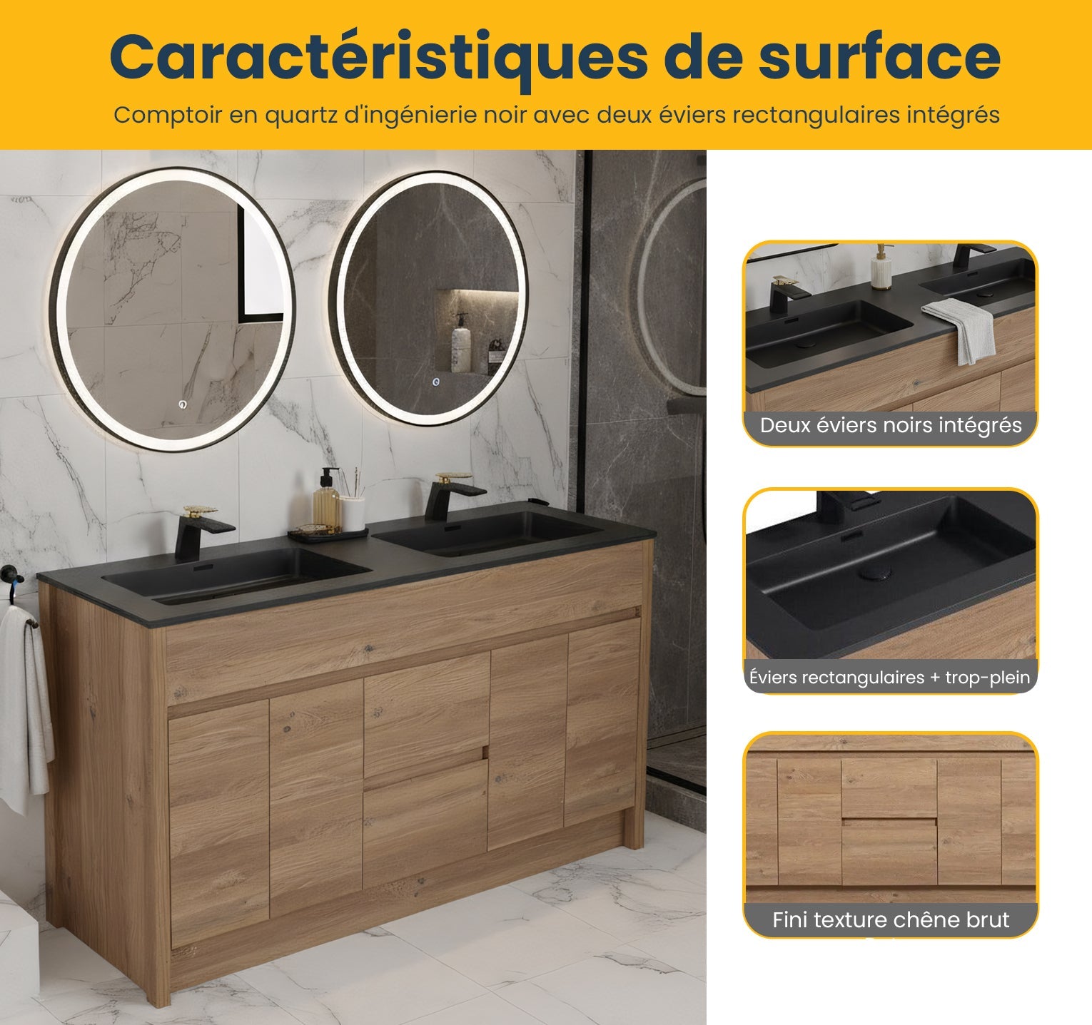 60" Rough Oak Freestanding Double Sink Bathroom Vanity with Black Engineered Quartz Countertop-Migration_Bathroom Vanities-DECOROLALA