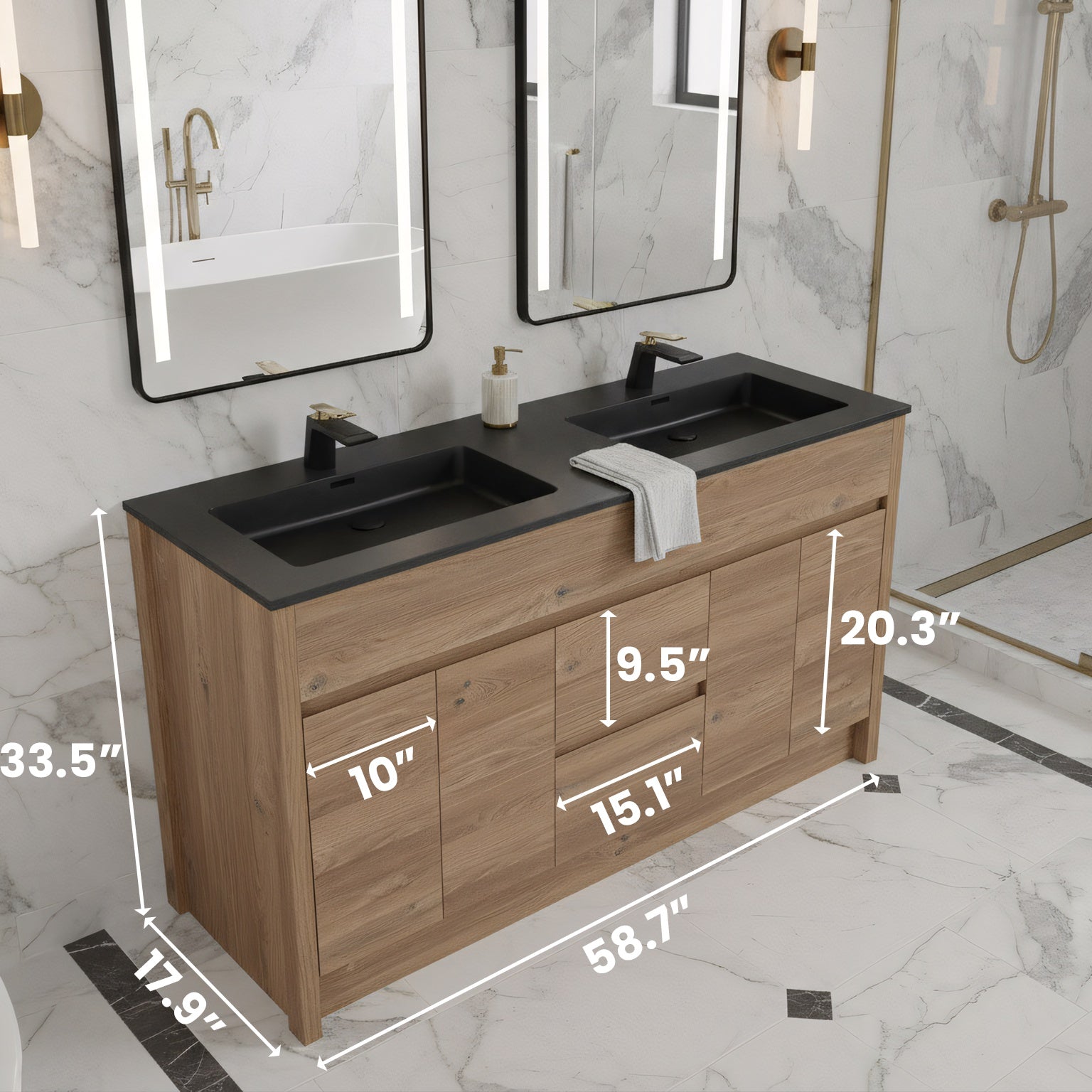 60" Rough Oak Freestanding Double Sink Bathroom Vanity with Black Engineered Quartz Countertop-Migration_Bathroom Vanities-DECOROLALA