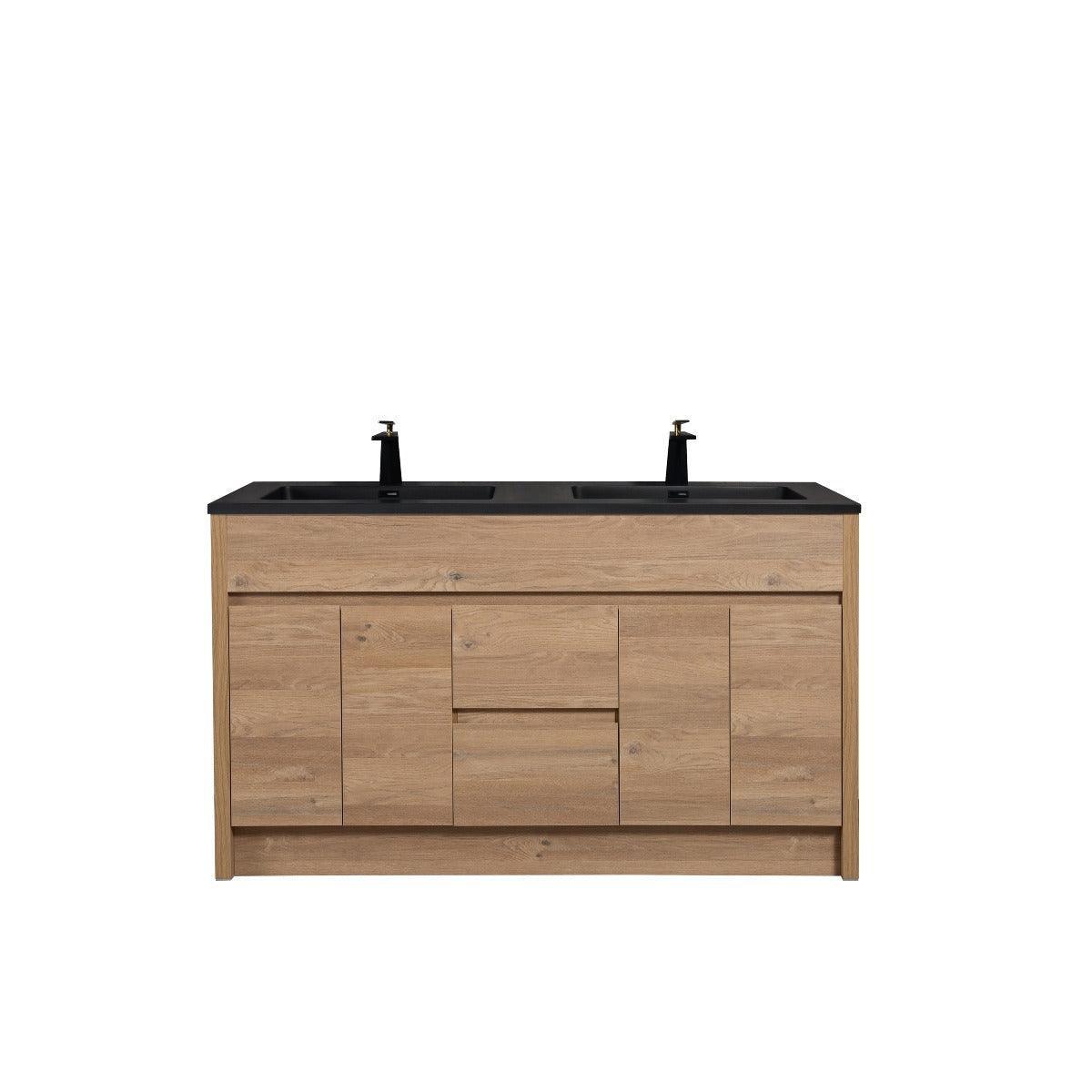 60" Rough Oak Freestanding Double Sink Bathroom Vanity with Black Engineered Quartz Countertop-Migration_Bathroom Vanities-DECOROLALA