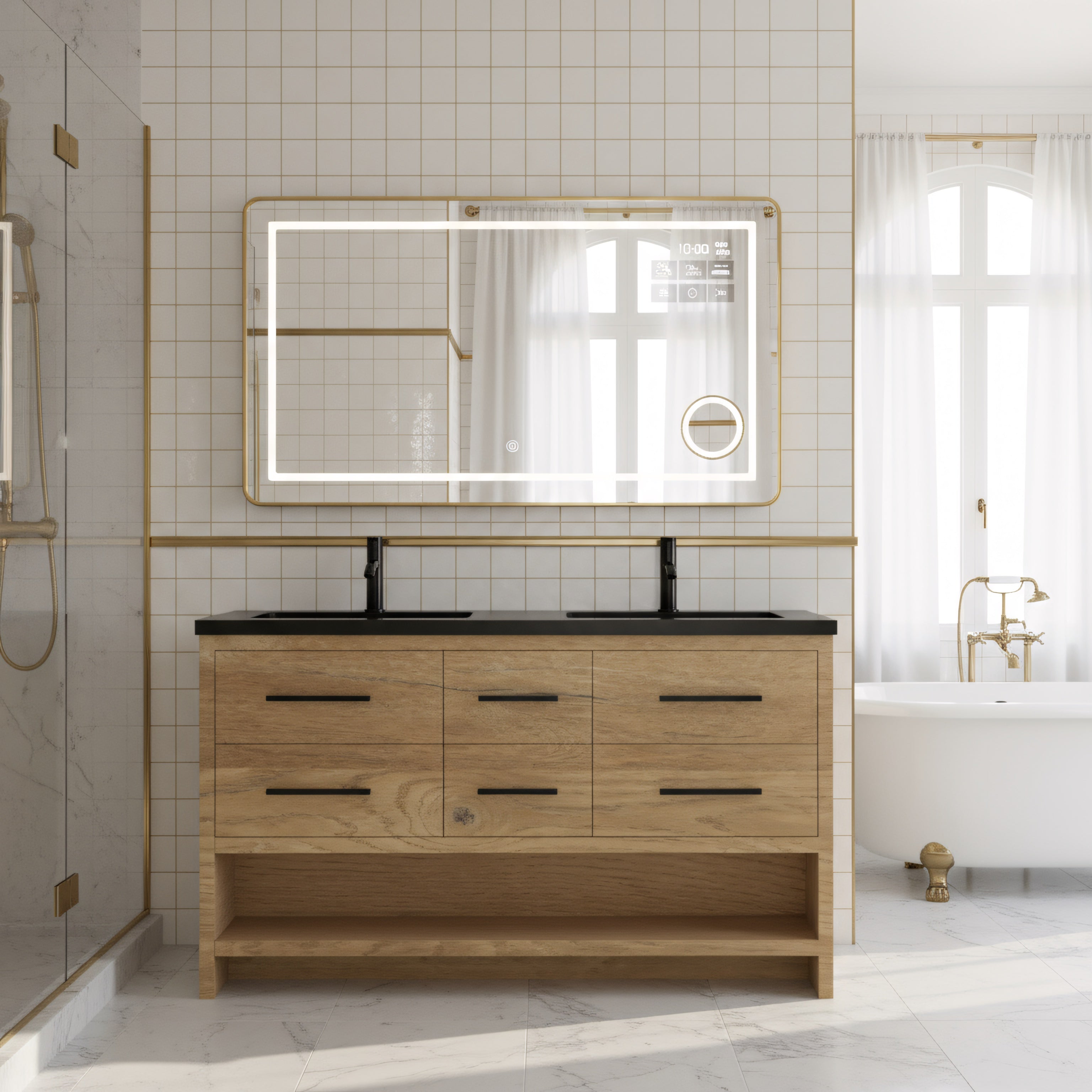 60" Rough Oak Freestanding Double Sink Bathroom Vanity with Black Engineered Quartz Countertop-Migration_Bathroom Vanities-DECOROLALA