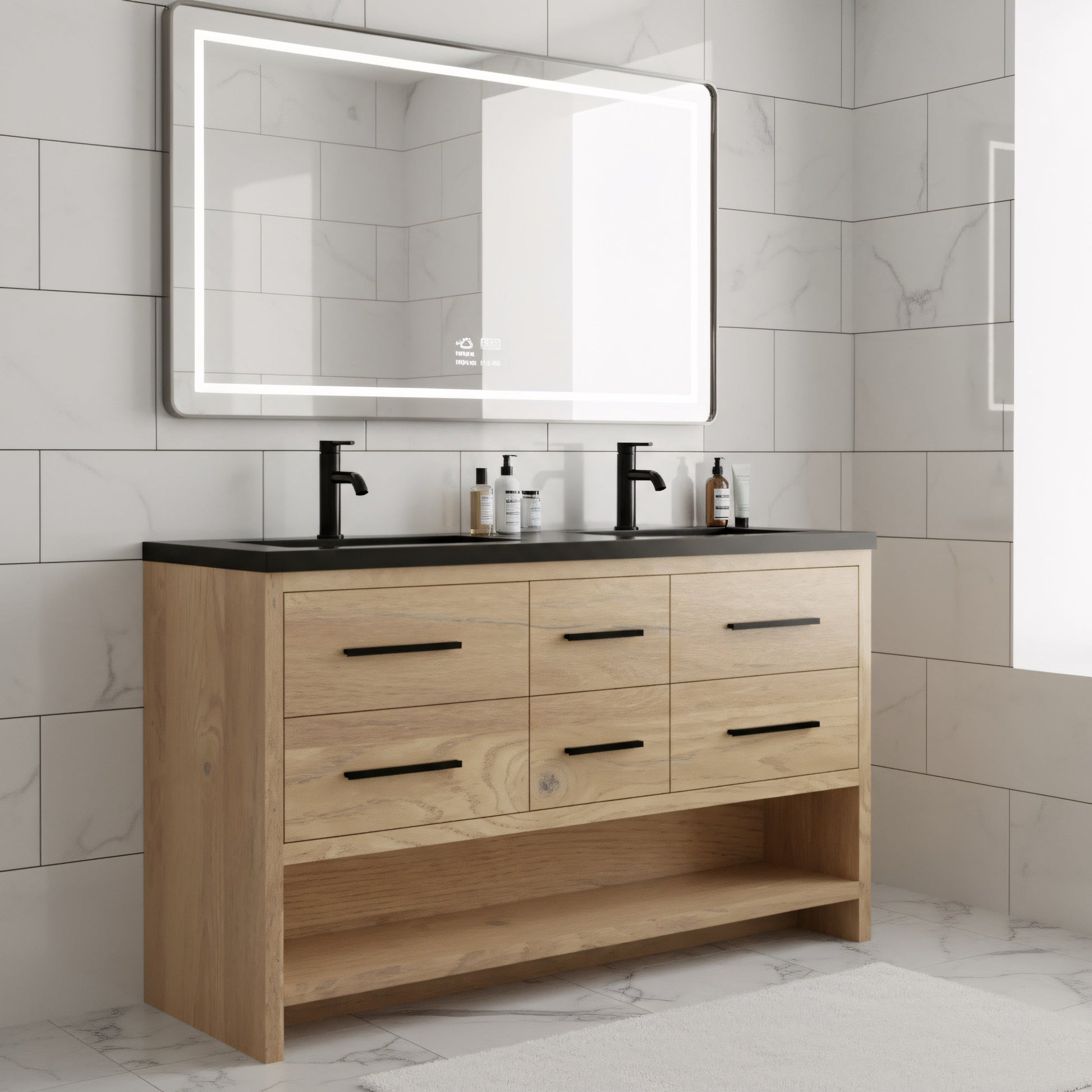 60" Rough Oak Freestanding Double Sink Bathroom Vanity with Black Engineered Quartz Countertop-Migration_Bathroom Vanities-DECOROLALA
