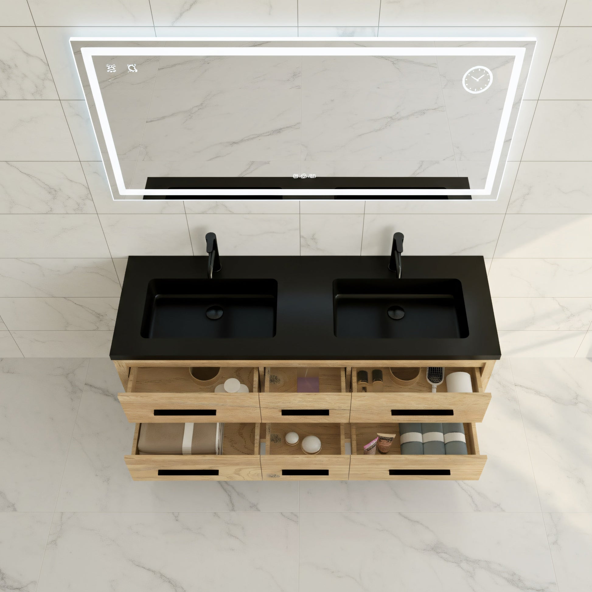 60" Rough Oak Freestanding Double Sink Bathroom Vanity with Black Engineered Quartz Countertop-Migration_Bathroom Vanities-DECOROLALA