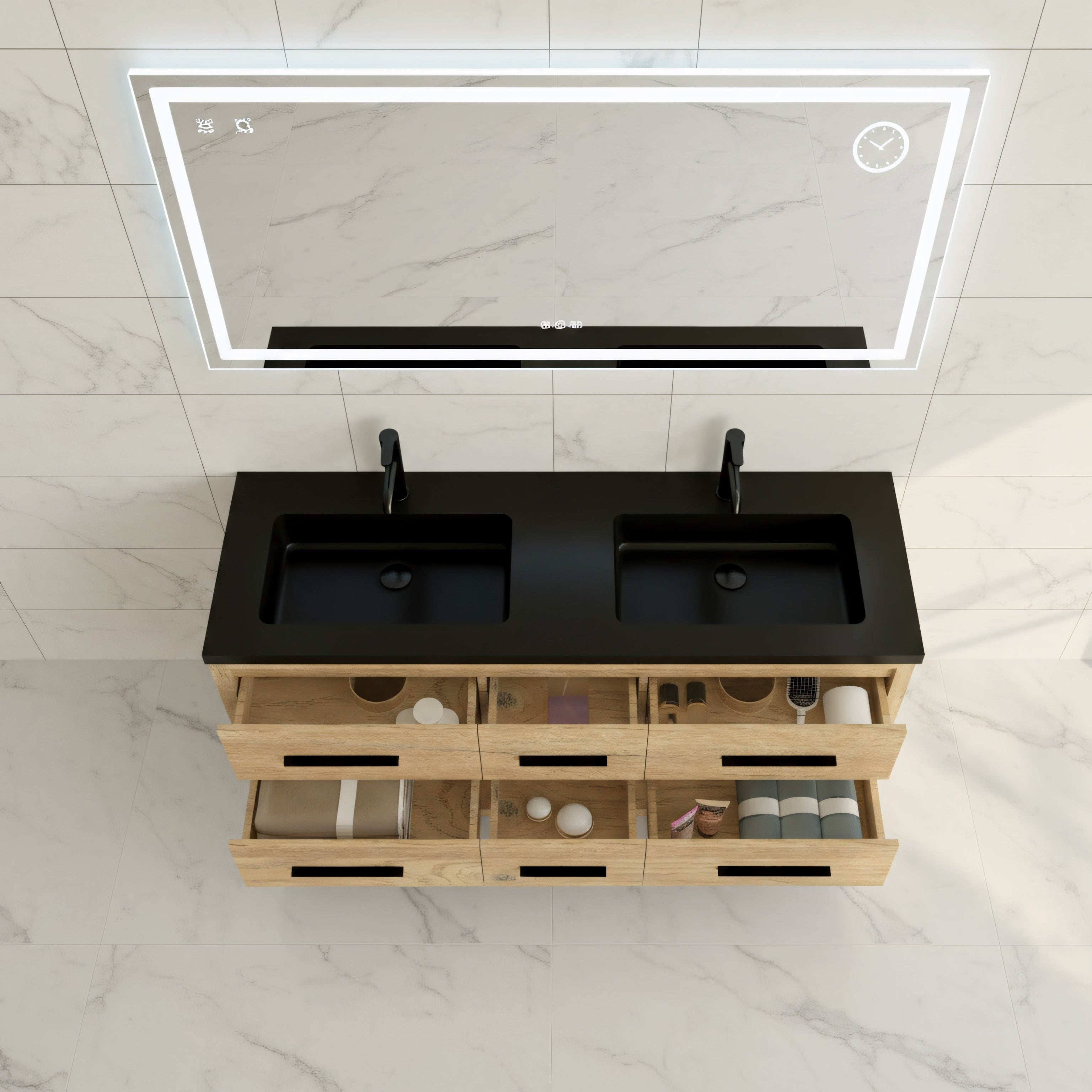 60" Rough Oak Freestanding Double Sink Bathroom Vanity with Black Engineered Quartz Countertop-Migration_Bathroom Vanities-DECOROLALA