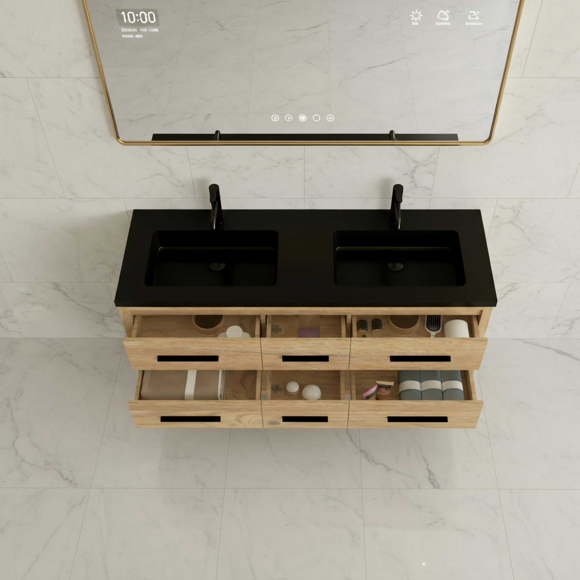 60" Rough Oak Freestanding Double Sink Bathroom Vanity with Black Engineered Quartz Countertop-Migration_Bathroom Vanities-DECOROLALA