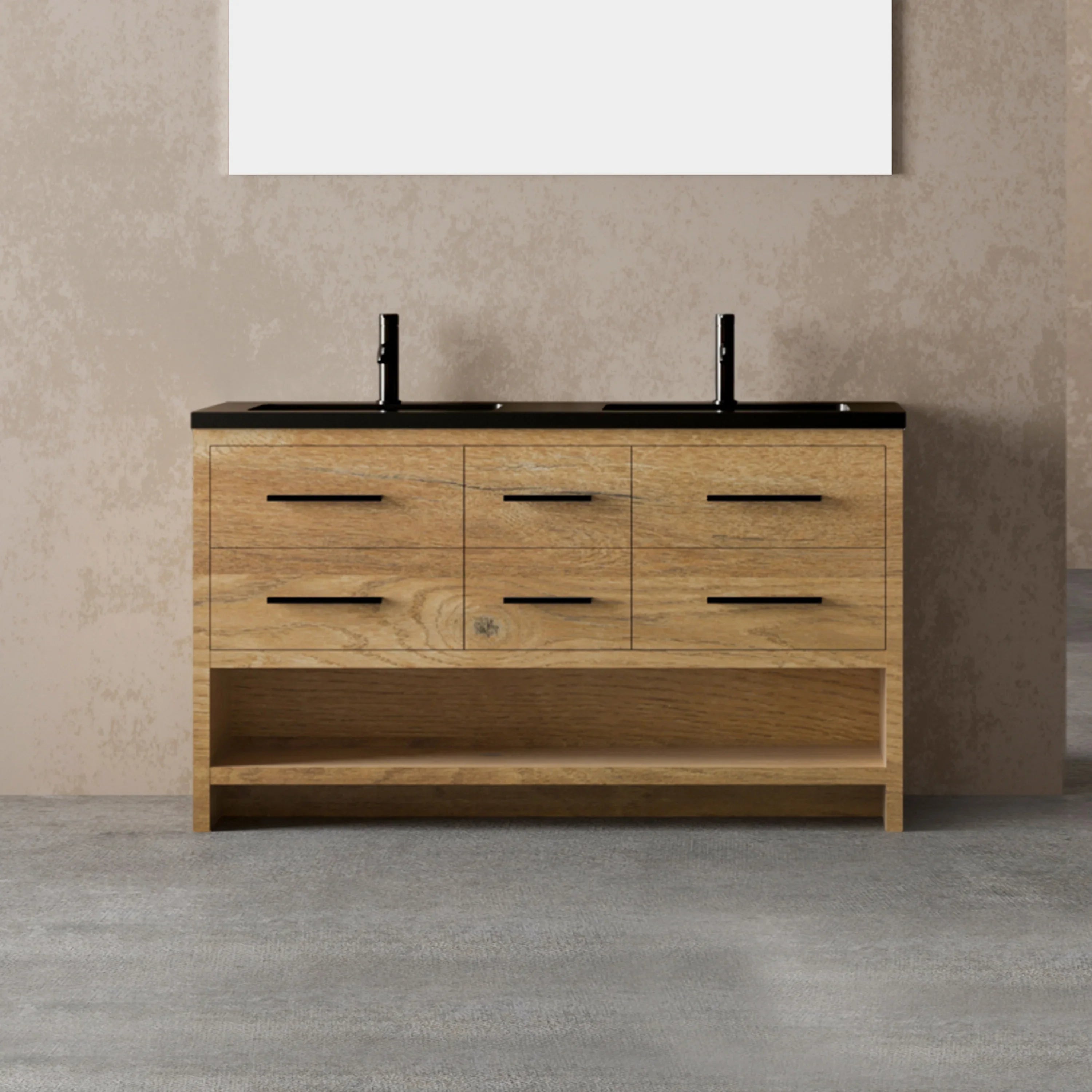 60" Rough Oak Freestanding Double Sink Bathroom Vanity with Black Engineered Quartz Countertop-Migration_Bathroom Vanities-DECOROLALA