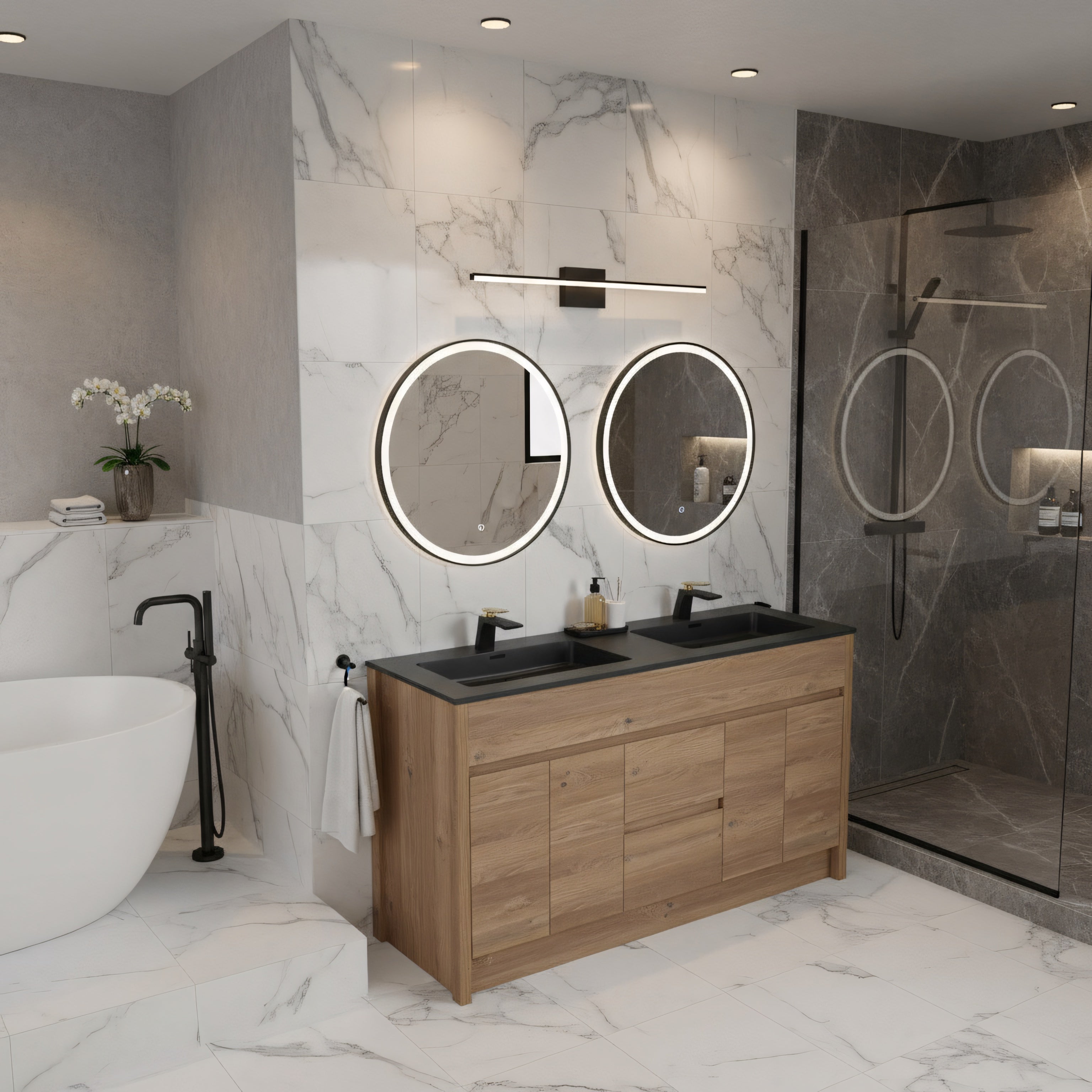 60" Rough Oak Freestanding Double Sink Bathroom Vanity with Black Engineered Quartz Countertop-Migration_Bathroom Vanities-DECOROLALA