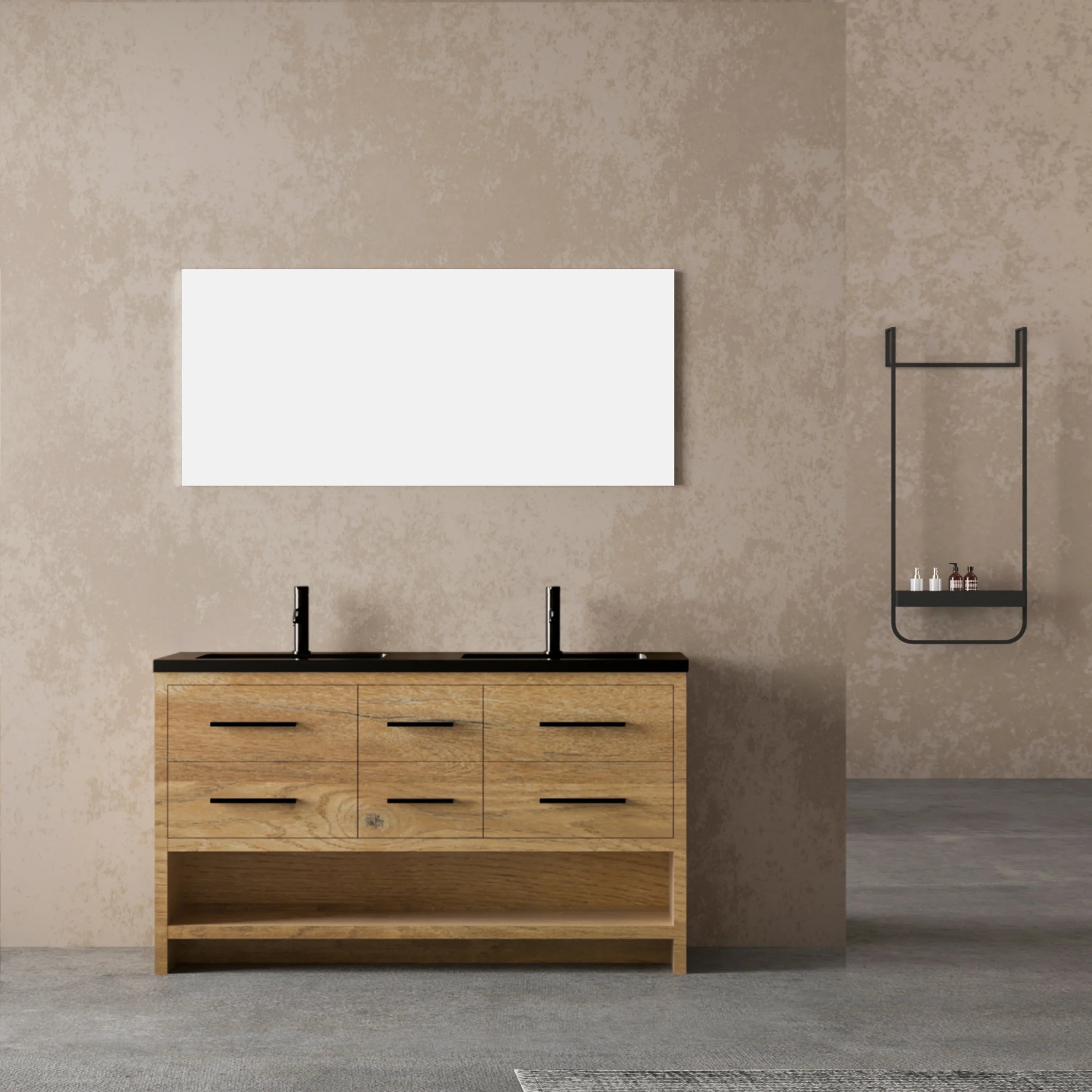 60" Rough Oak Freestanding Double Sink Bathroom Vanity with Black Engineered Quartz Countertop-Migration_Bathroom Vanities-DECOROLALA