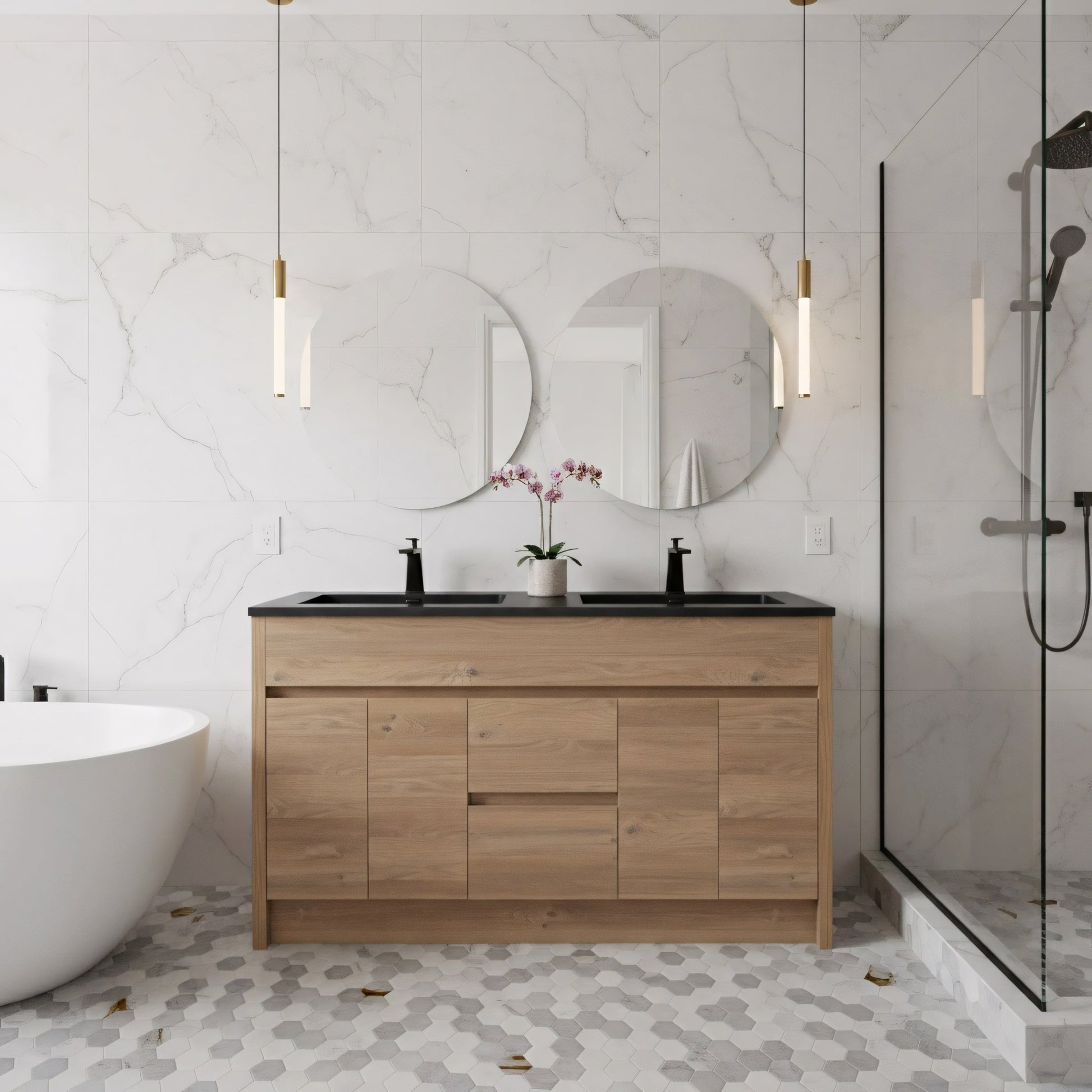 60" Rough Oak Freestanding Double Sink Bathroom Vanity with Black Engineered Quartz Countertop-Migration_Bathroom Vanities-DECOROLALA