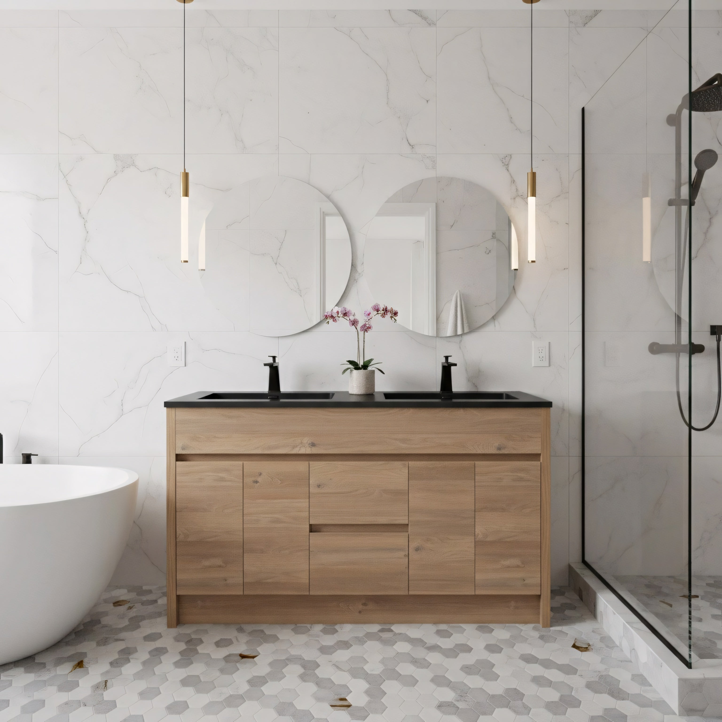 60" Rough Oak Freestanding Double Sink Bathroom Vanity with Black Engineered Quartz Countertop-Migration_Bathroom Vanities-DECOROLALA