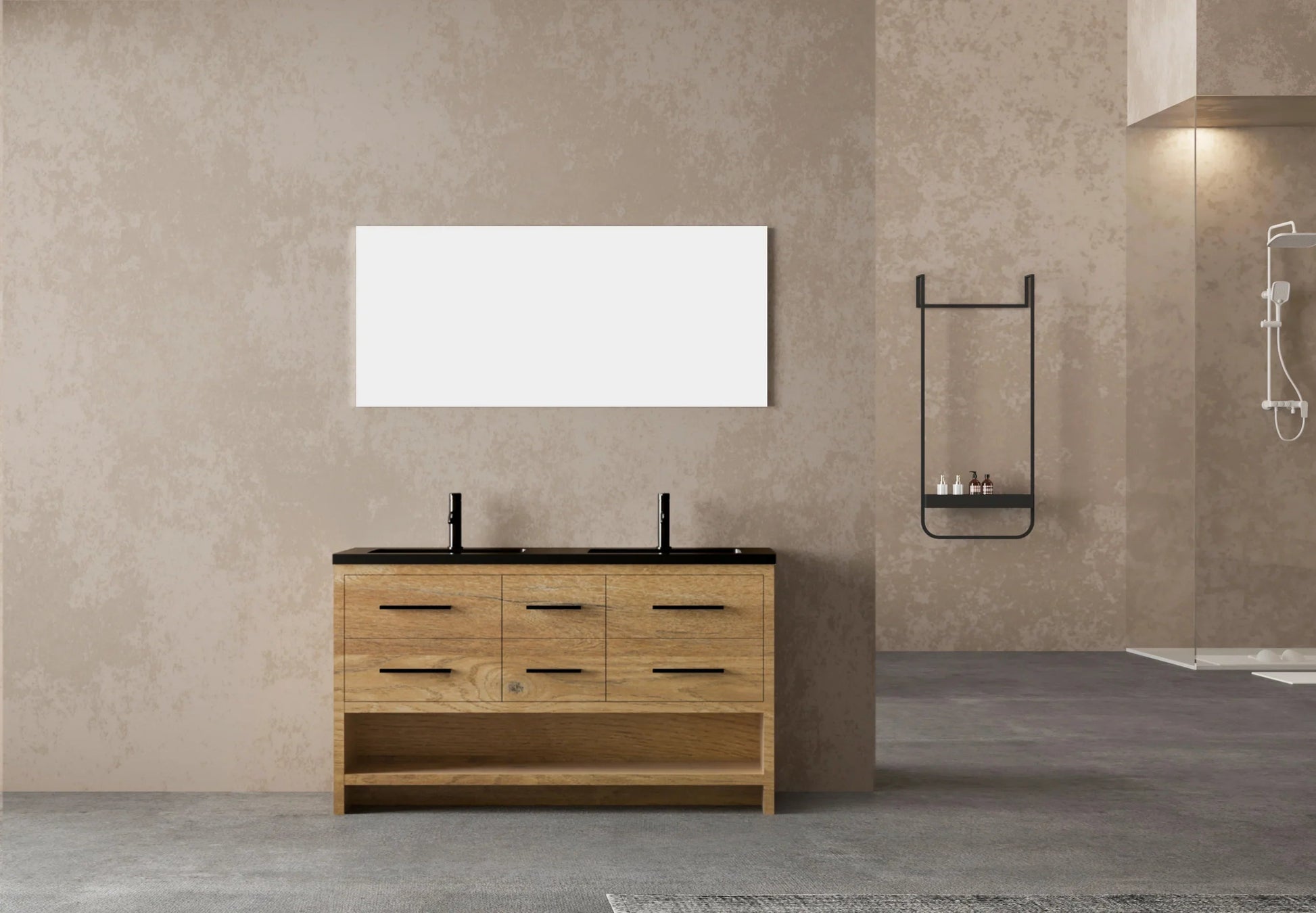 60" Rough Oak Freestanding Double Sink Bathroom Vanity with Black Engineered Quartz Countertop-Migration_Bathroom Vanities-DECOROLALA