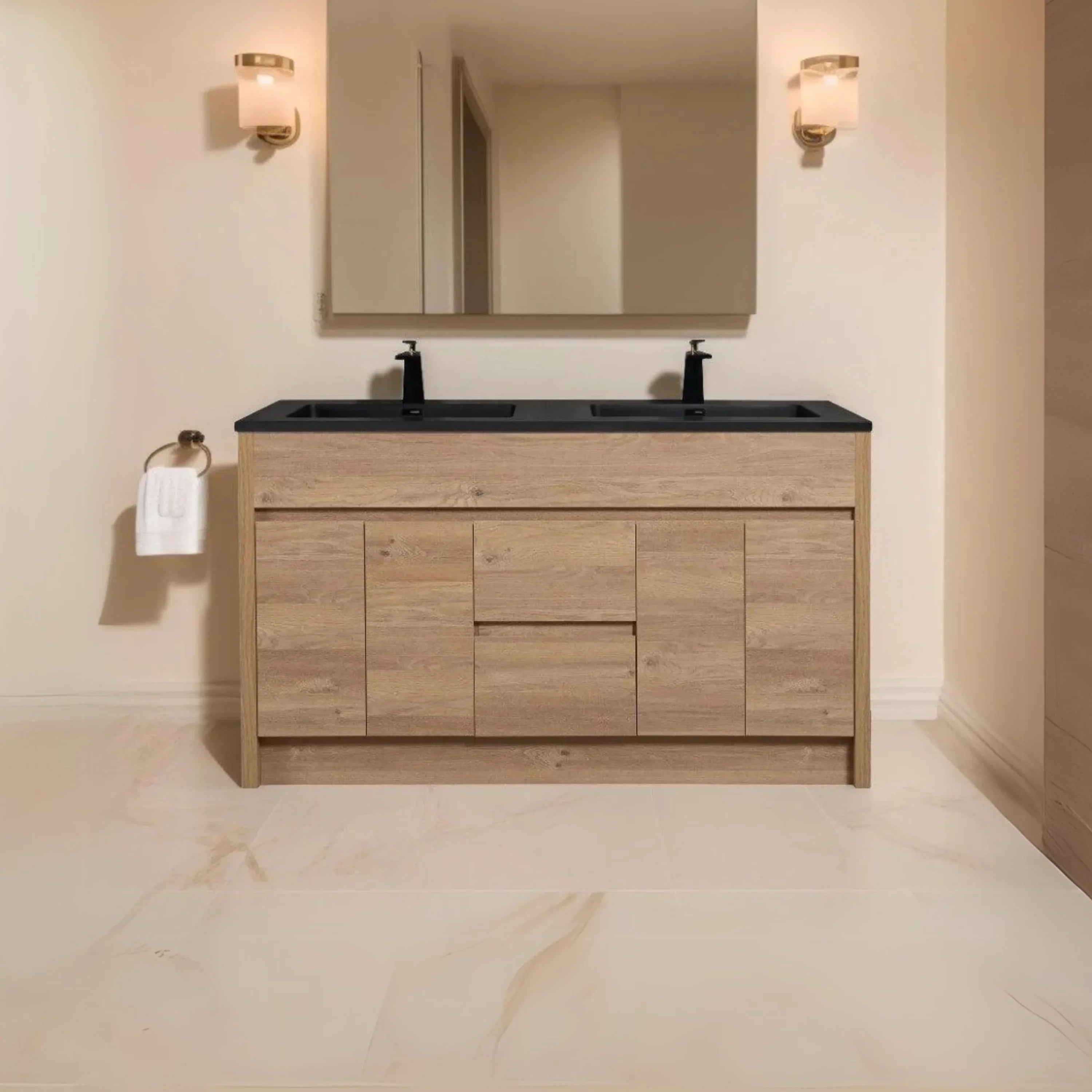 60" Rough Oak Freestanding Double Sink Bathroom Vanity with Black Engineered Quartz Countertop-Migration_Bathroom Vanities-DECOROLALA