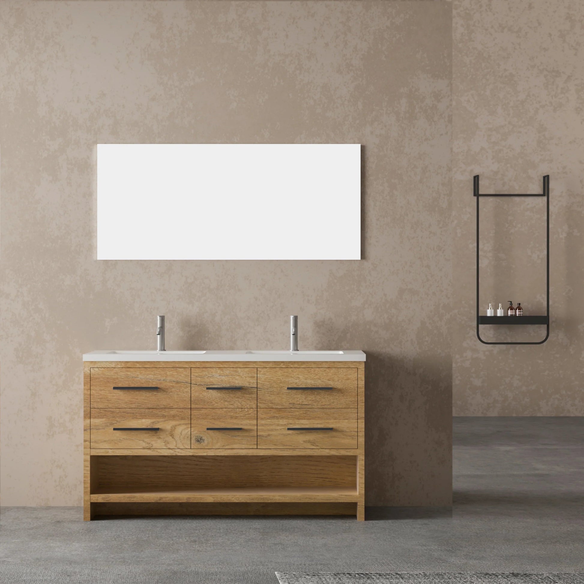 60" Rough Oak Freestanding Double Sink Bathroom Vanity with White Polymarble Countertop-Migration_Bathroom Vanities-DECOROLALA