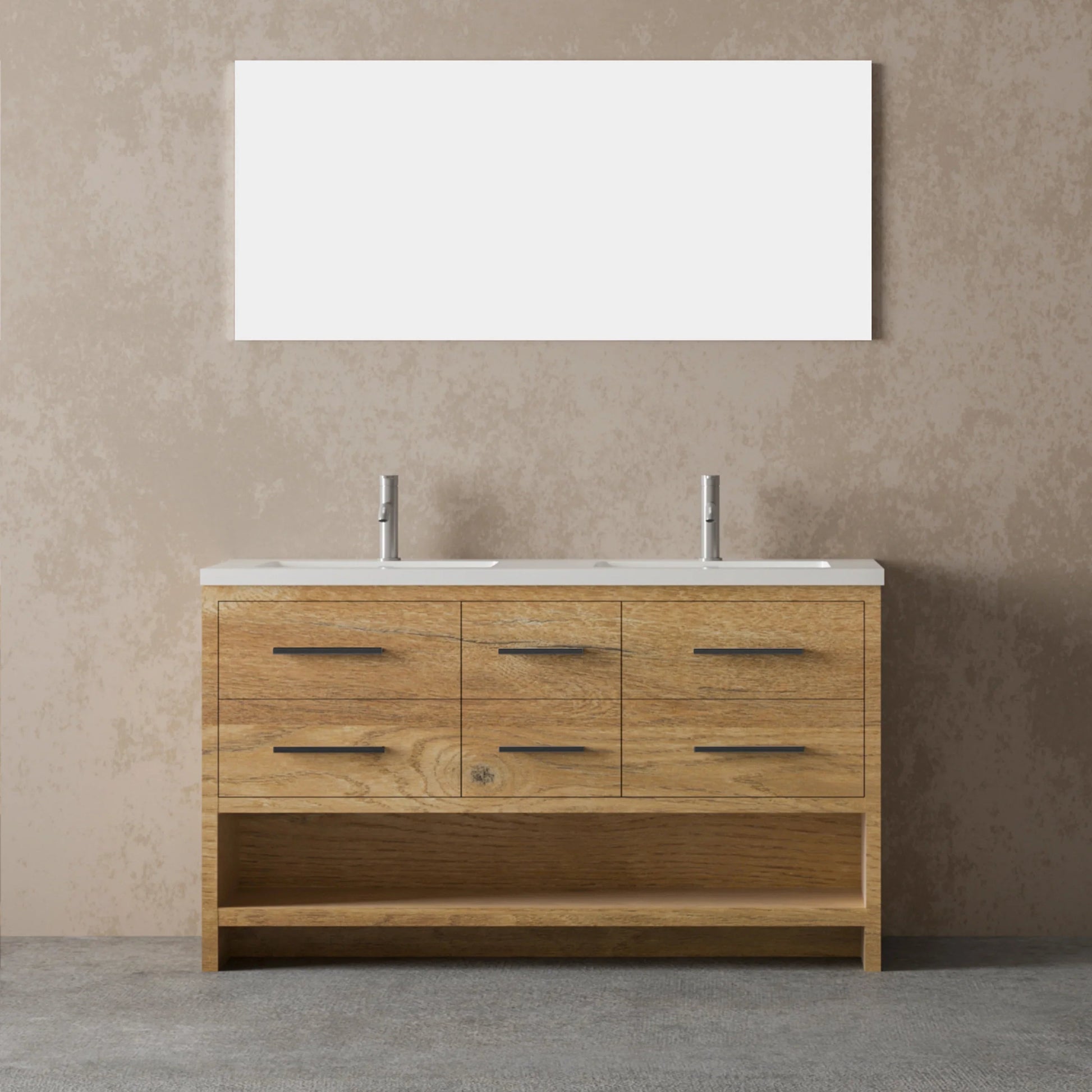 60" Rough Oak Freestanding Double Sink Bathroom Vanity with White Polymarble Countertop-Migration_Bathroom Vanities-DECOROLALA
