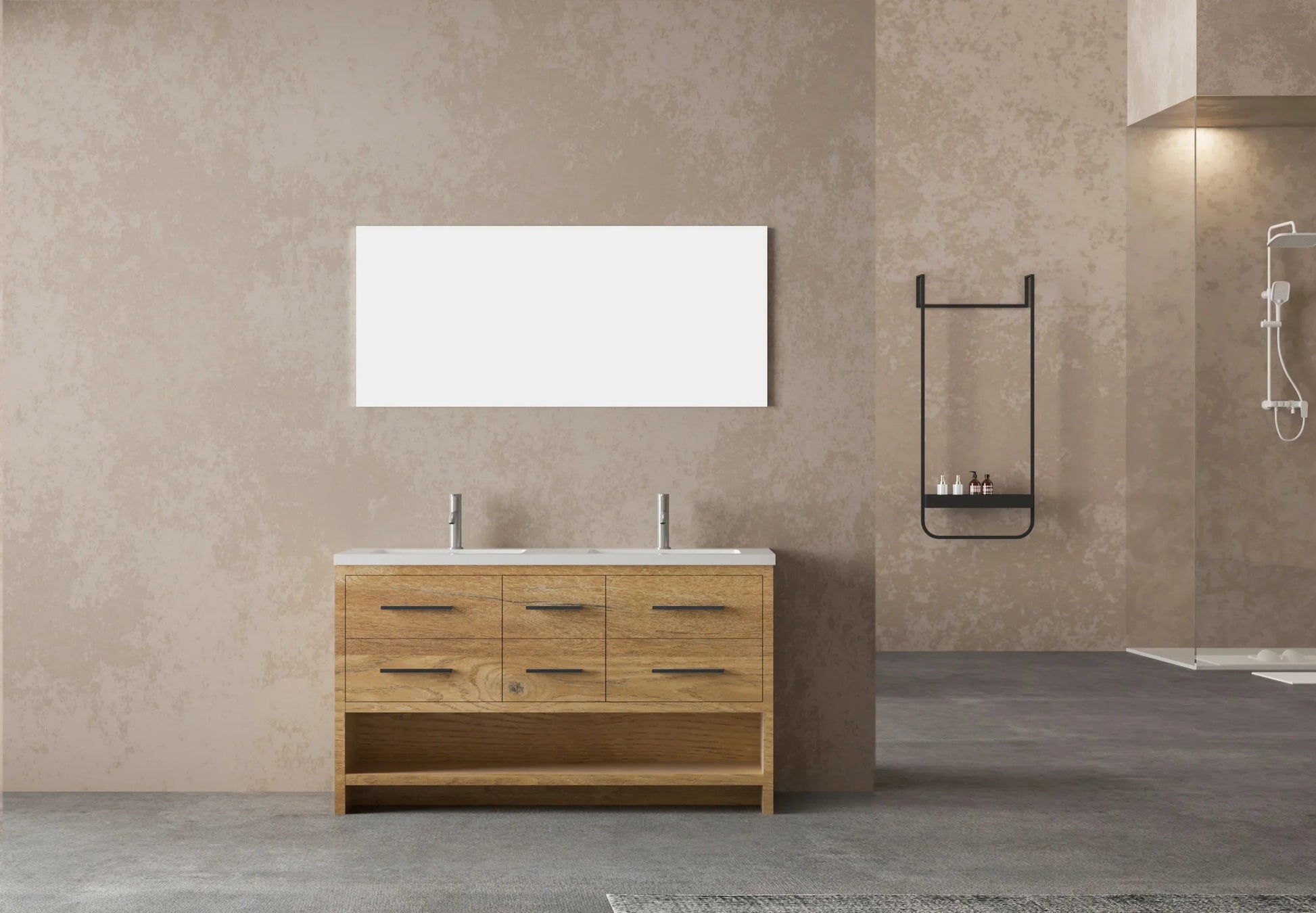 60" Rough Oak Freestanding Double Sink Bathroom Vanity with White Polymarble Countertop-Migration_Bathroom Vanities-DECOROLALA