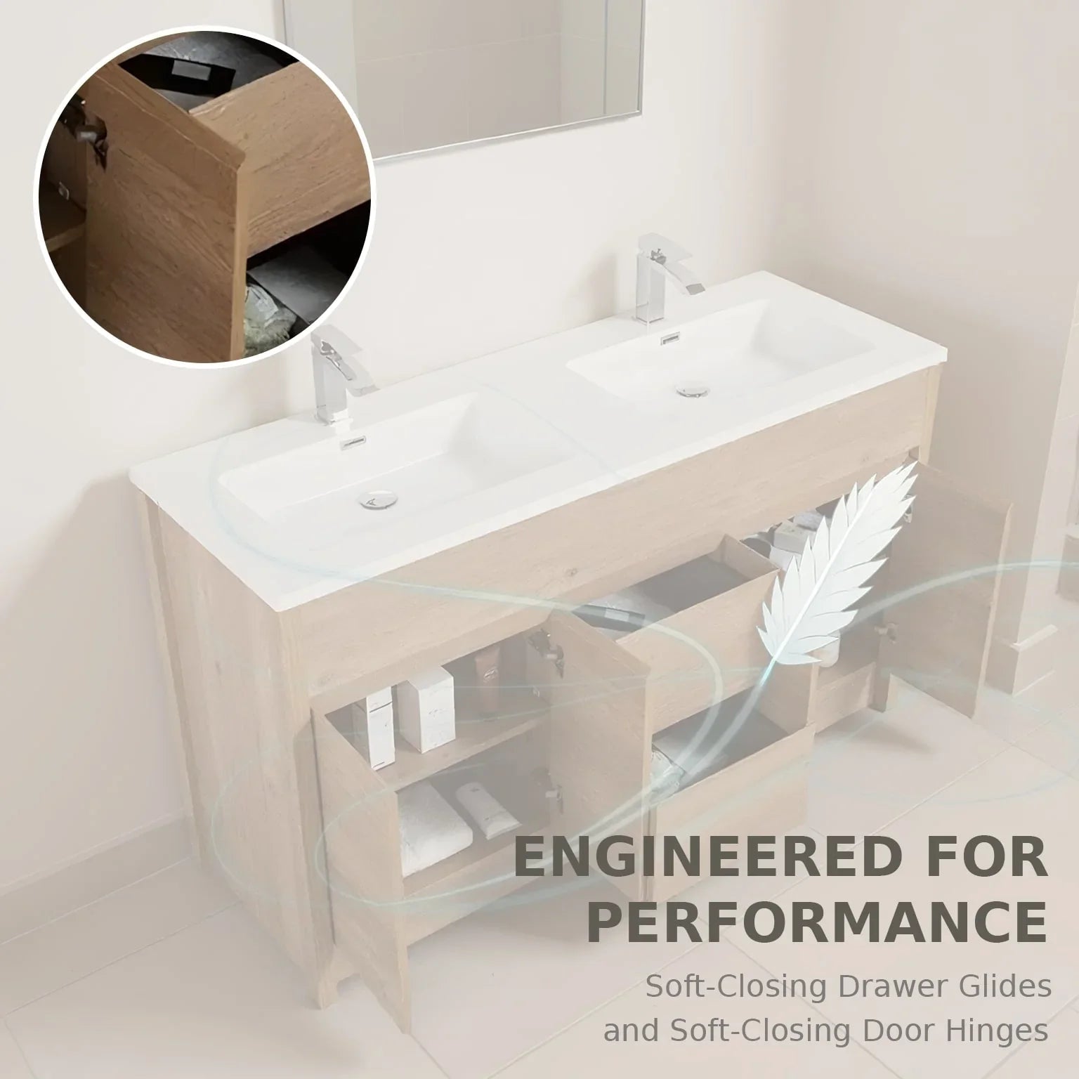 60" Rough Oak Freestanding Double Sink Bathroom Vanity with White Polymarble Countertop-Migration_Bathroom Vanities-DECOROLALA