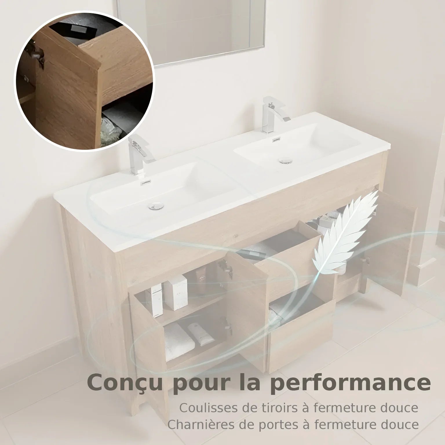 60" Rough Oak Freestanding Double Sink Bathroom Vanity with White Polymarble Countertop-Migration_Bathroom Vanities-DECOROLALA