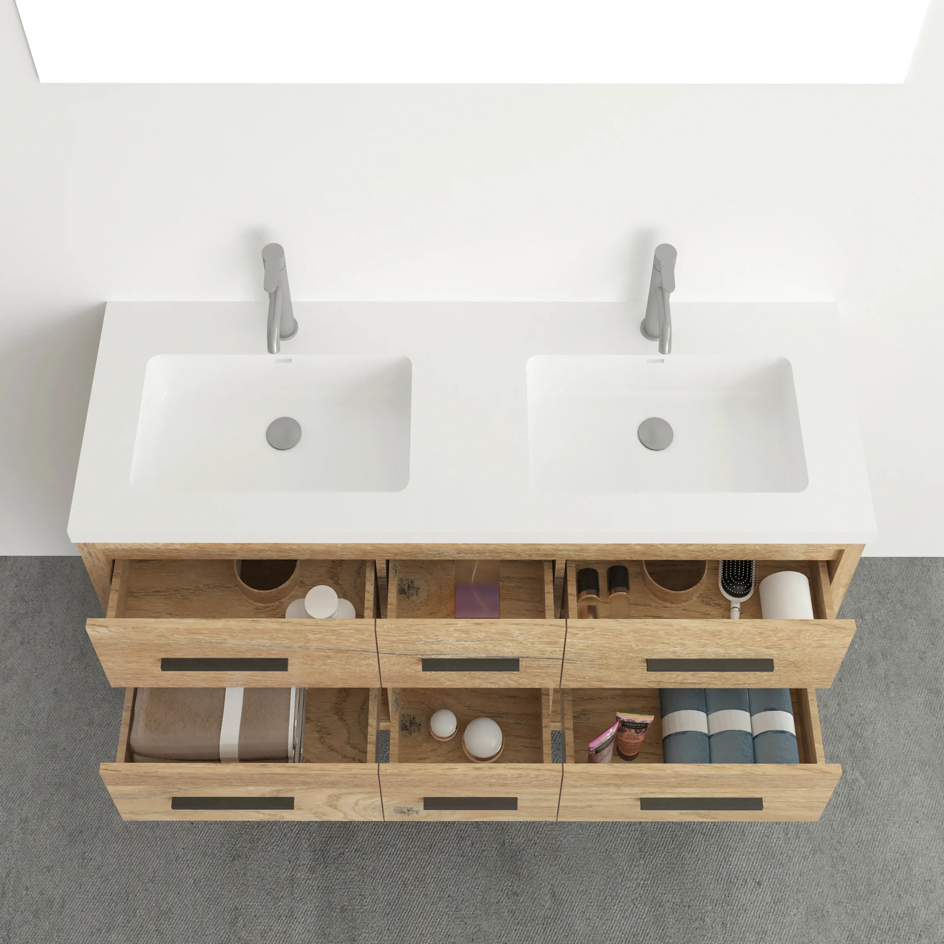 60" Rough Oak Freestanding Double Sink Bathroom Vanity with White Polymarble Countertop-Migration_Bathroom Vanities-DECOROLALA