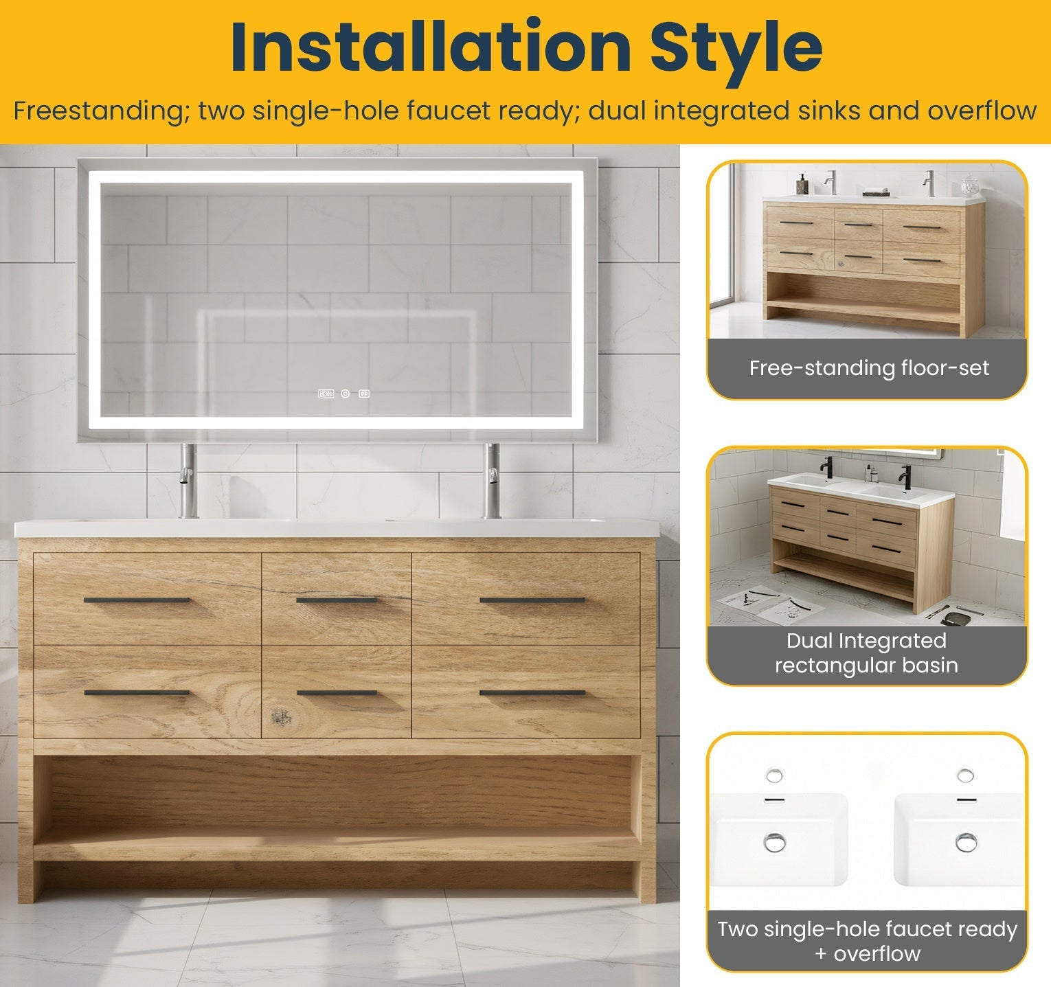 60" Rough Oak Freestanding Double Sink Bathroom Vanity with White Polymarble Countertop-Migration_Bathroom Vanities-DECOROLALA