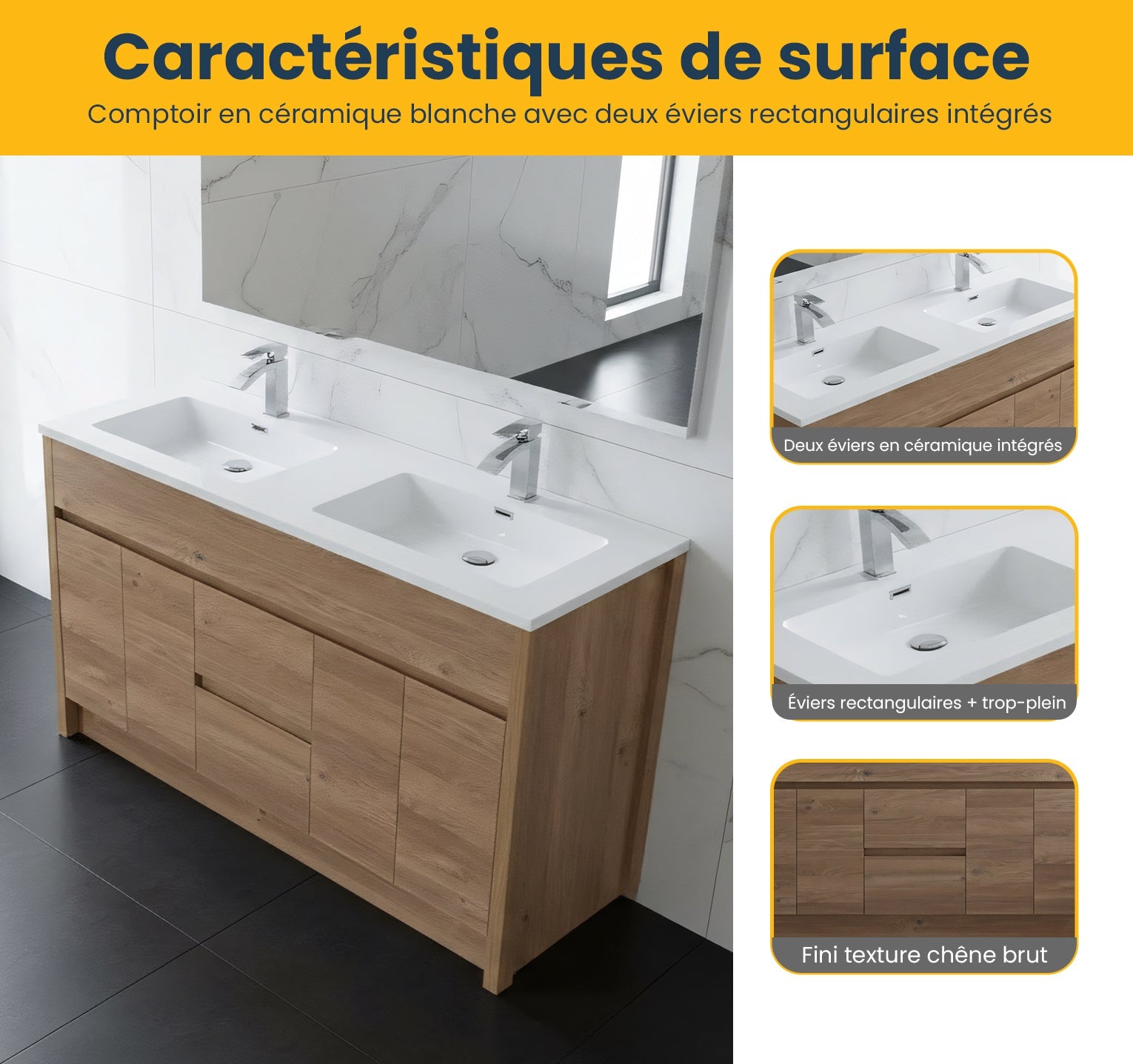 60" Rough Oak Freestanding Double Sink Bathroom Vanity with White Polymarble Countertop-Migration_Bathroom Vanities-DECOROLALA