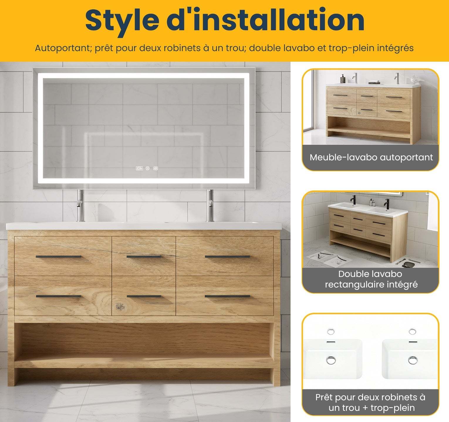 60" Rough Oak Freestanding Double Sink Bathroom Vanity with White Polymarble Countertop-Migration_Bathroom Vanities-DECOROLALA