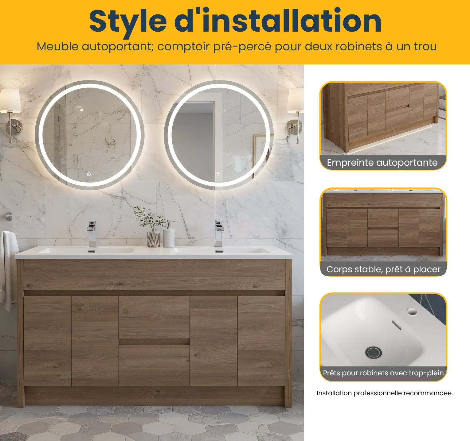 60" Rough Oak Freestanding Double Sink Bathroom Vanity with White Polymarble Countertop-Migration_Bathroom Vanities-DECOROLALA