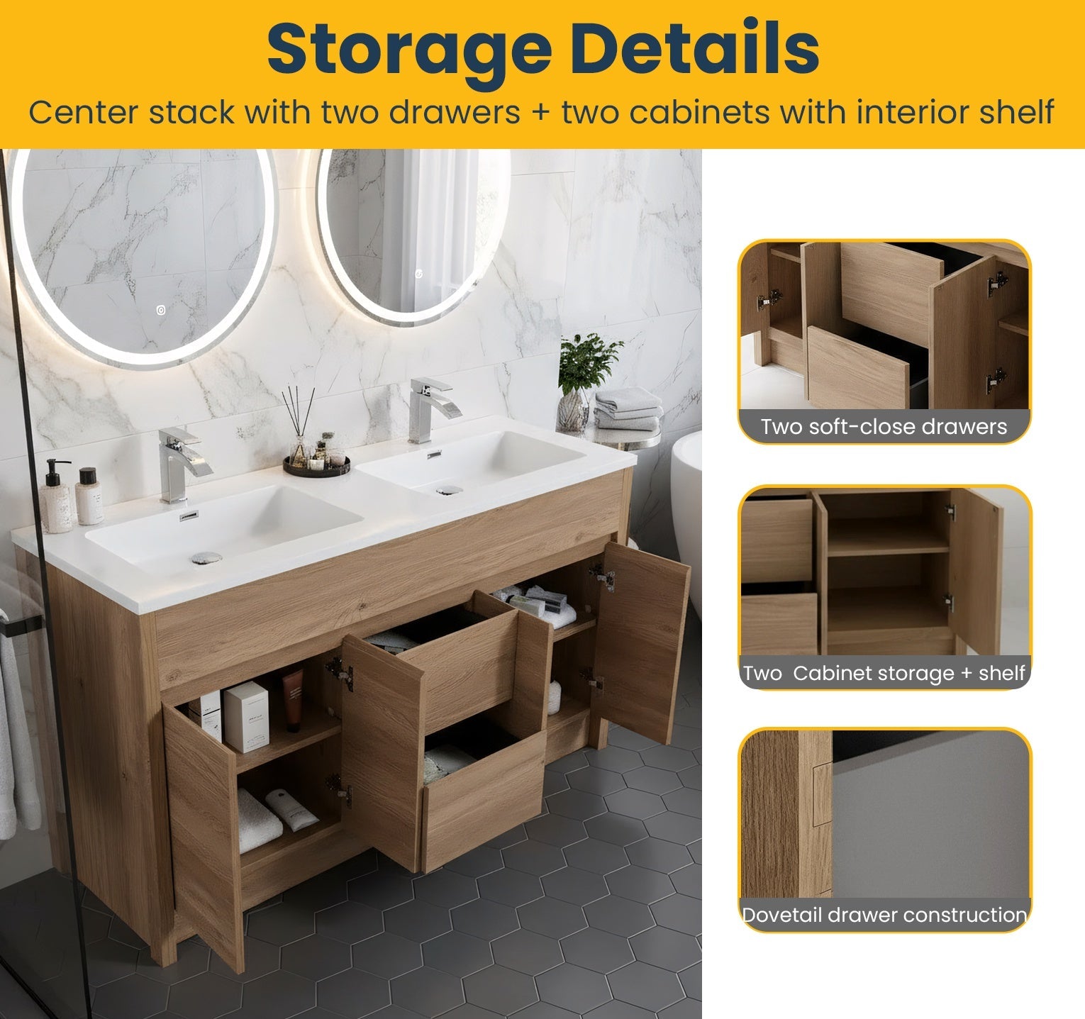 60" Rough Oak Freestanding Double Sink Bathroom Vanity with White Polymarble Countertop-Migration_Bathroom Vanities-DECOROLALA