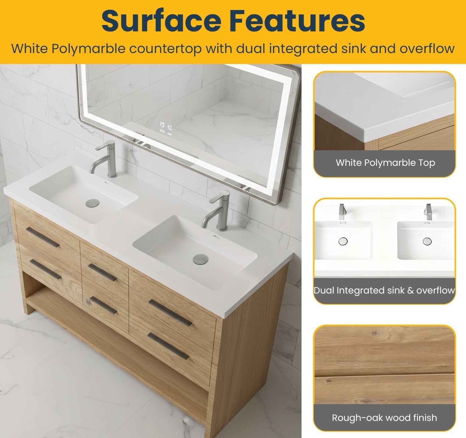 60" Rough Oak Freestanding Double Sink Bathroom Vanity with White Polymarble Countertop-Migration_Bathroom Vanities-DECOROLALA