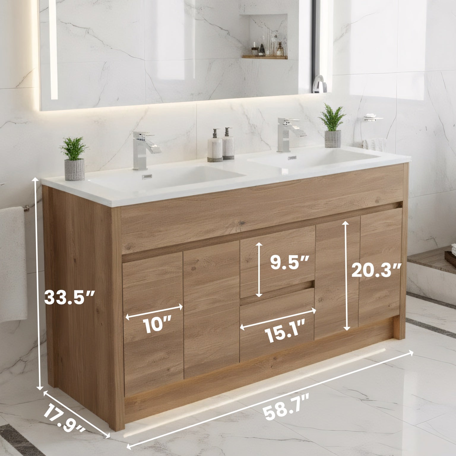 60" Rough Oak Freestanding Double Sink Bathroom Vanity with White Polymarble Countertop-Migration_Bathroom Vanities-DECOROLALA