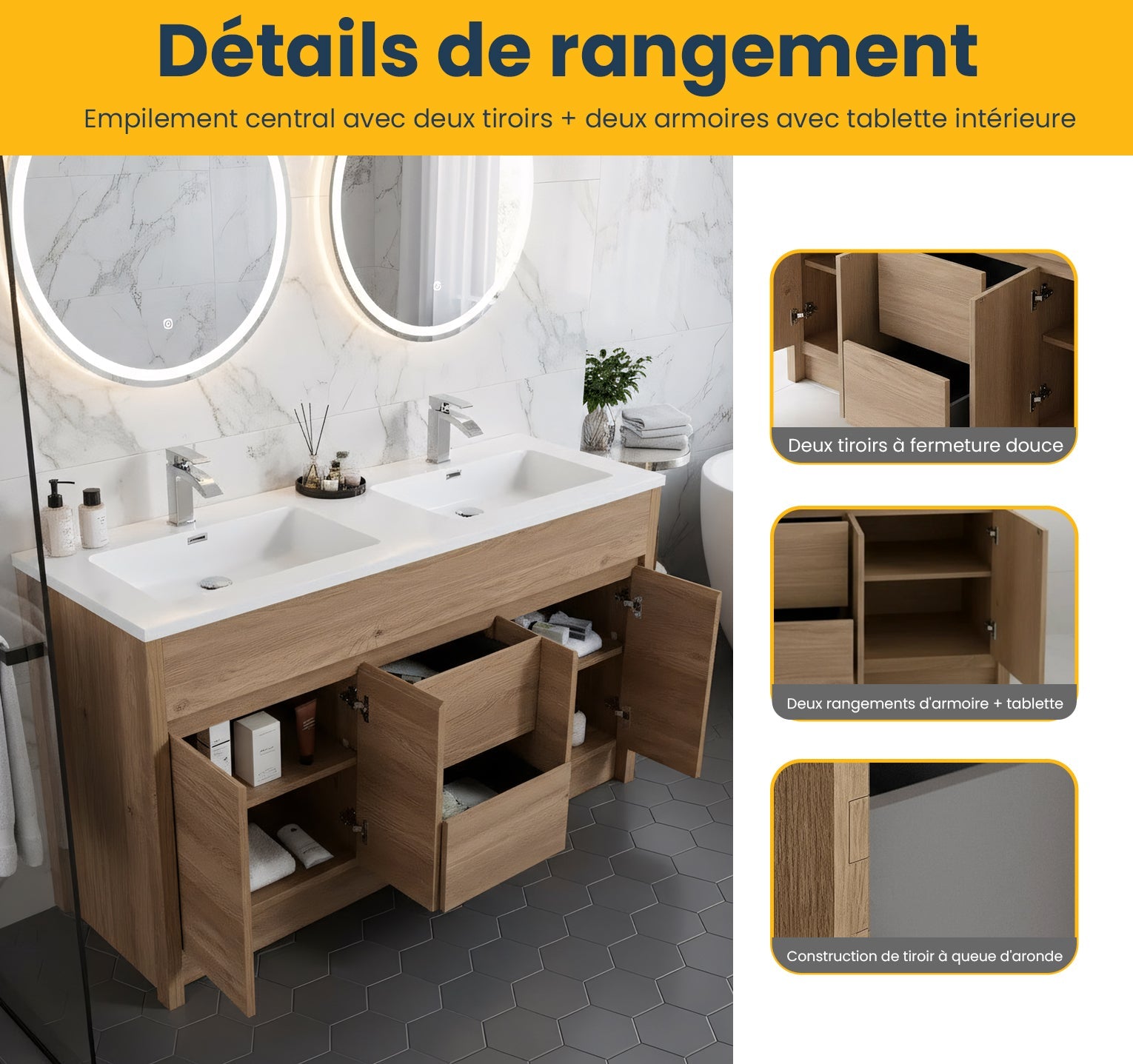 60" Rough Oak Freestanding Double Sink Bathroom Vanity with White Polymarble Countertop-Migration_Bathroom Vanities-DECOROLALA