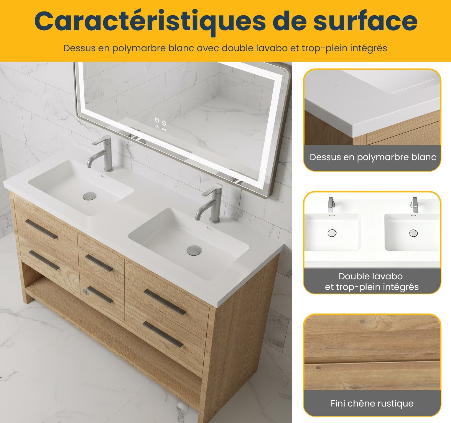 60" Rough Oak Freestanding Double Sink Bathroom Vanity with White Polymarble Countertop-Migration_Bathroom Vanities-DECOROLALA