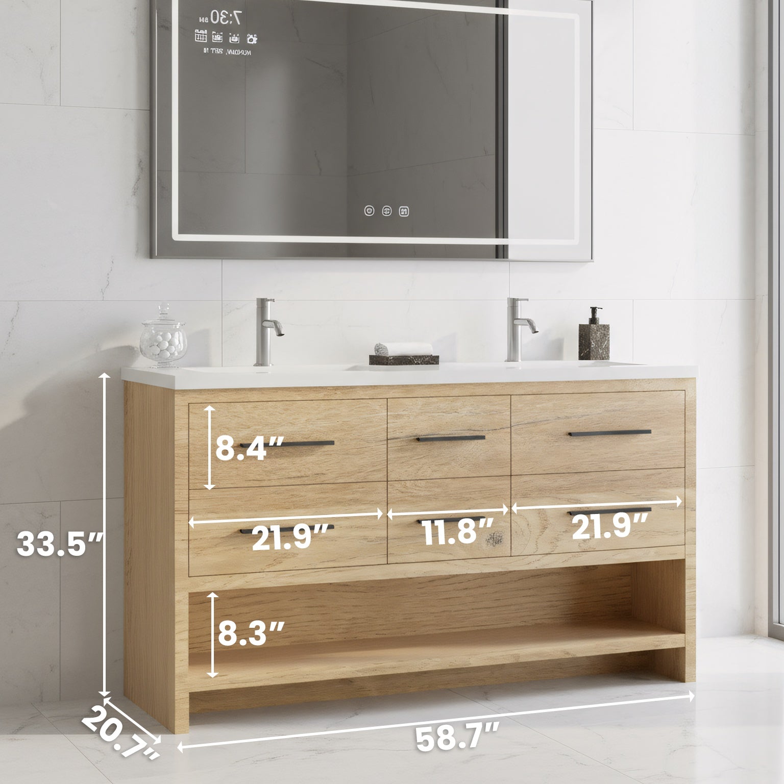 60" Rough Oak Freestanding Double Sink Bathroom Vanity with White Polymarble Countertop-Migration_Bathroom Vanities-DECOROLALA