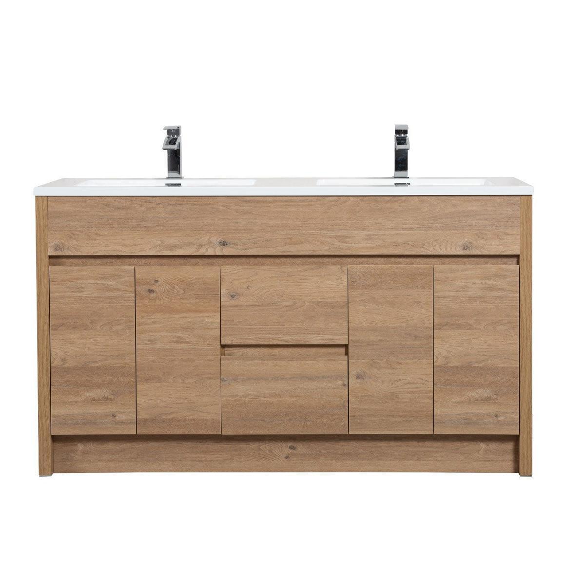 60" Rough Oak Freestanding Double Sink Bathroom Vanity with White Polymarble Countertop-Migration_Bathroom Vanities-DECOROLALA
