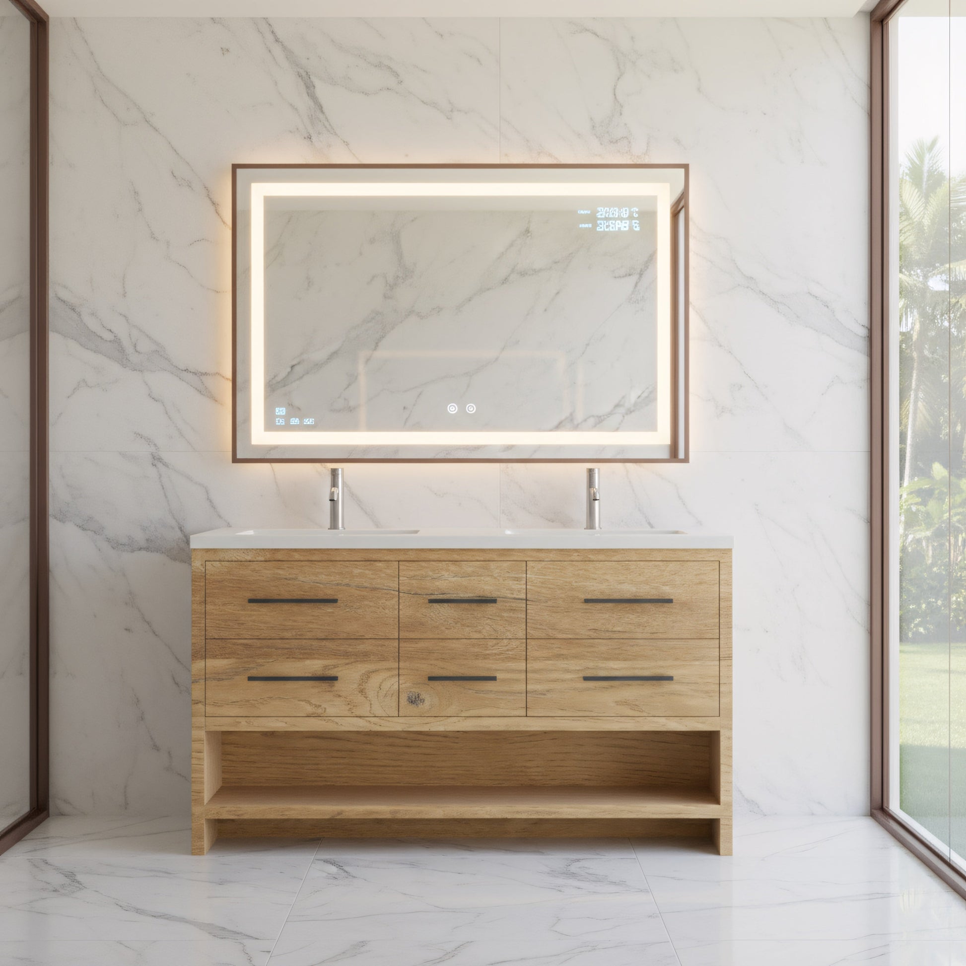 60" Rough Oak Freestanding Double Sink Bathroom Vanity with White Polymarble Countertop-Migration_Bathroom Vanities-DECOROLALA