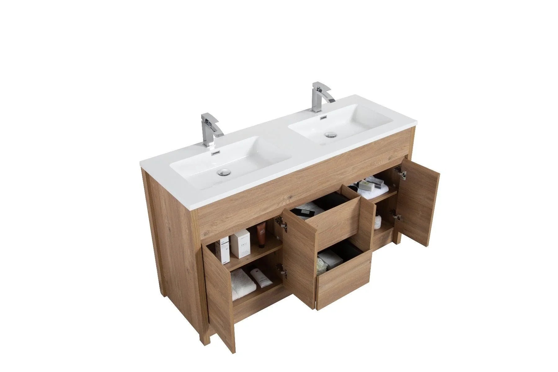 60" Rough Oak Freestanding Double Sink Bathroom Vanity with White Polymarble Countertop-Migration_Bathroom Vanities-DECOROLALA