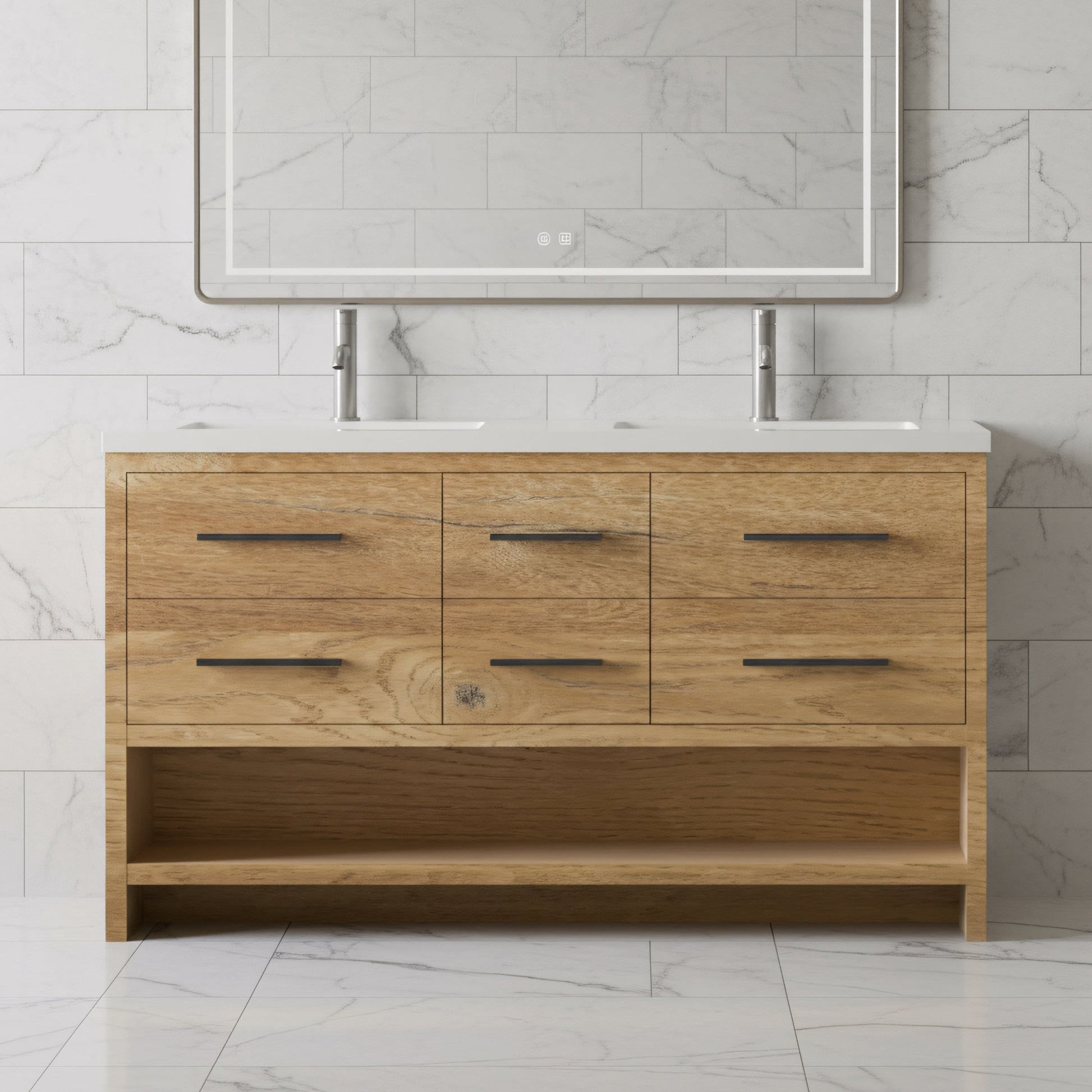 60" Rough Oak Freestanding Double Sink Bathroom Vanity with White Polymarble Countertop-Migration_Bathroom Vanities-DECOROLALA