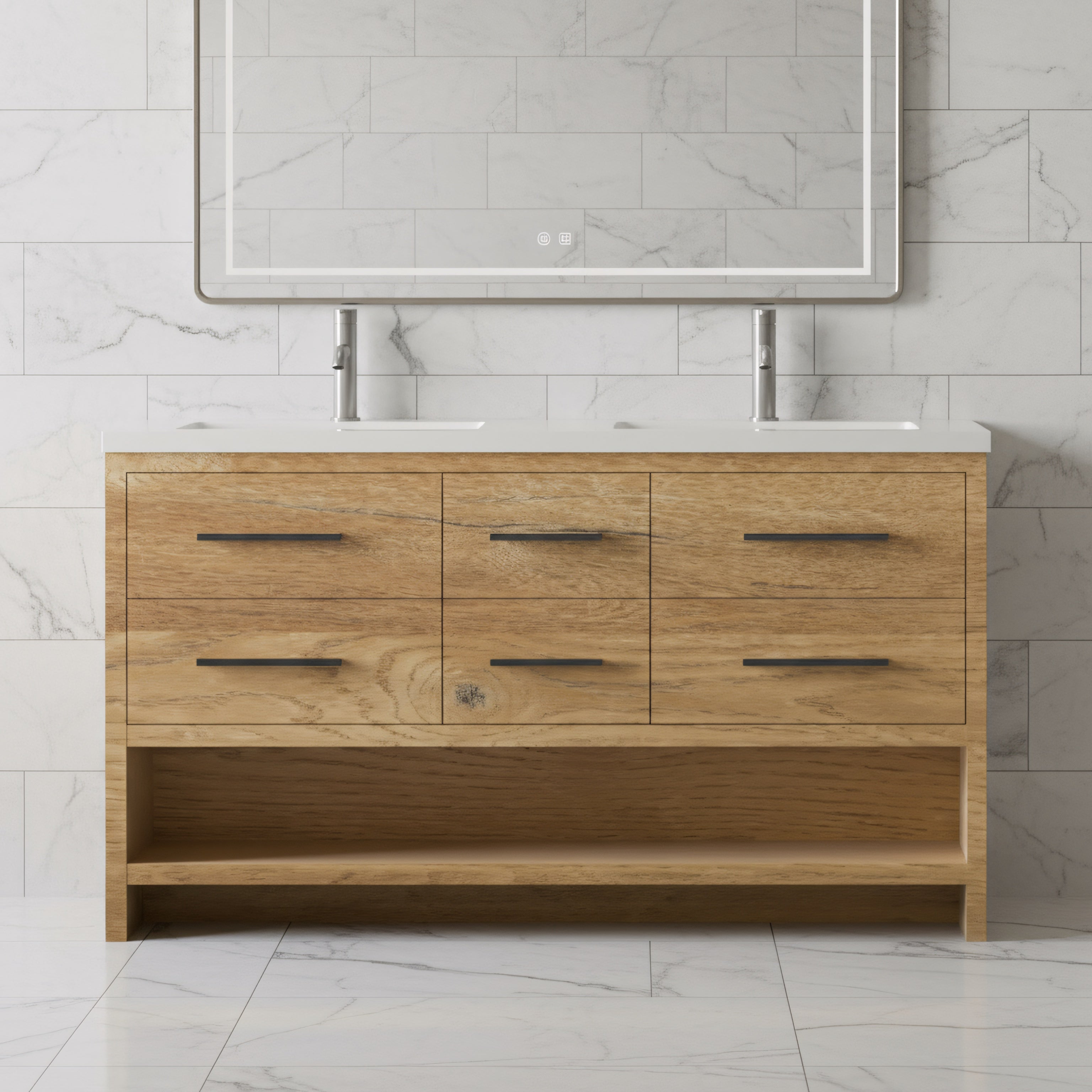 60" Rough Oak Freestanding Double Sink Bathroom Vanity with White Polymarble Countertop-Migration_Bathroom Vanities-DECOROLALA