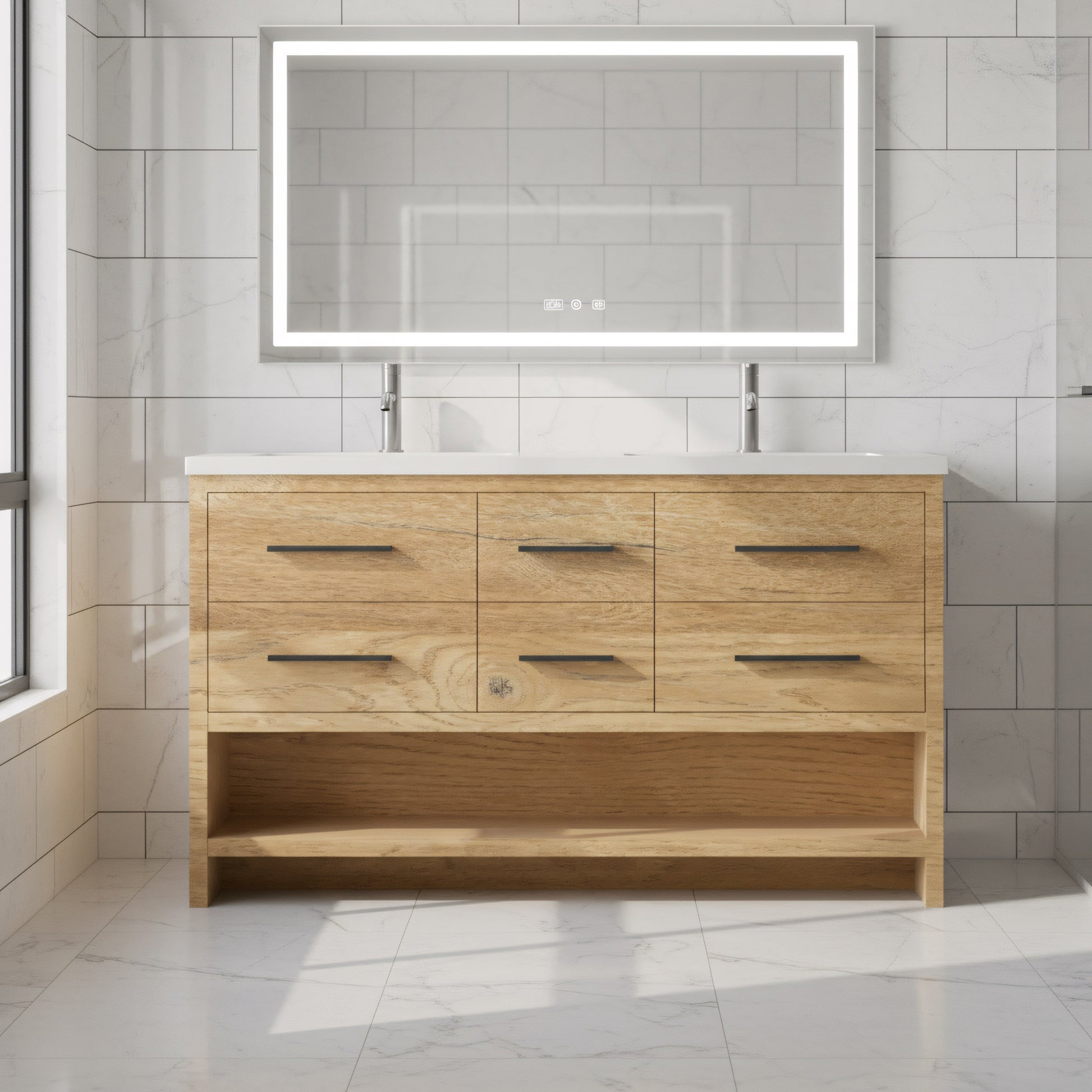 60" Rough Oak Freestanding Double Sink Bathroom Vanity with White Polymarble Countertop-Migration_Bathroom Vanities-DECOROLALA