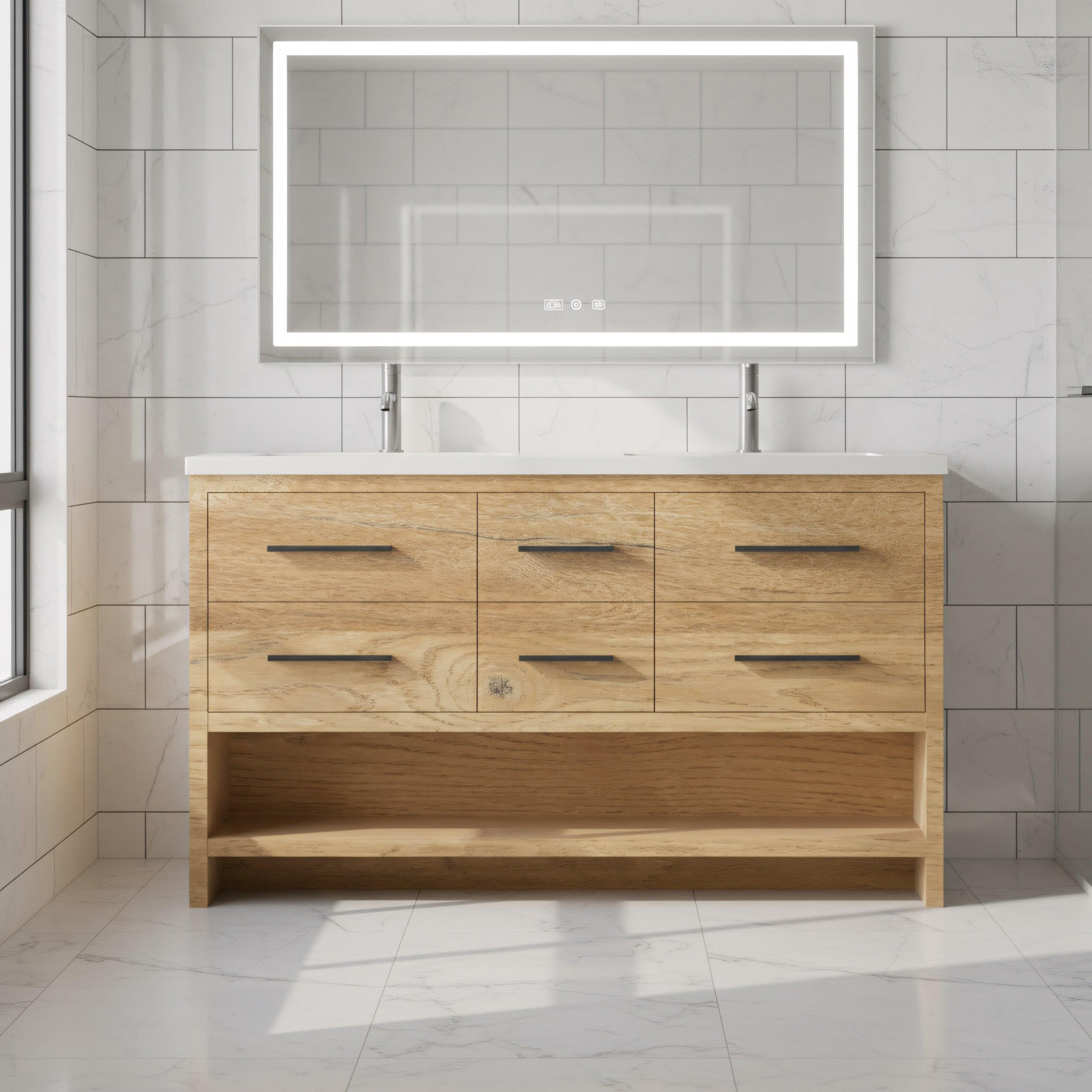 60" Rough Oak Freestanding Double Sink Bathroom Vanity with White Polymarble Countertop-Migration_Bathroom Vanities-DECOROLALA