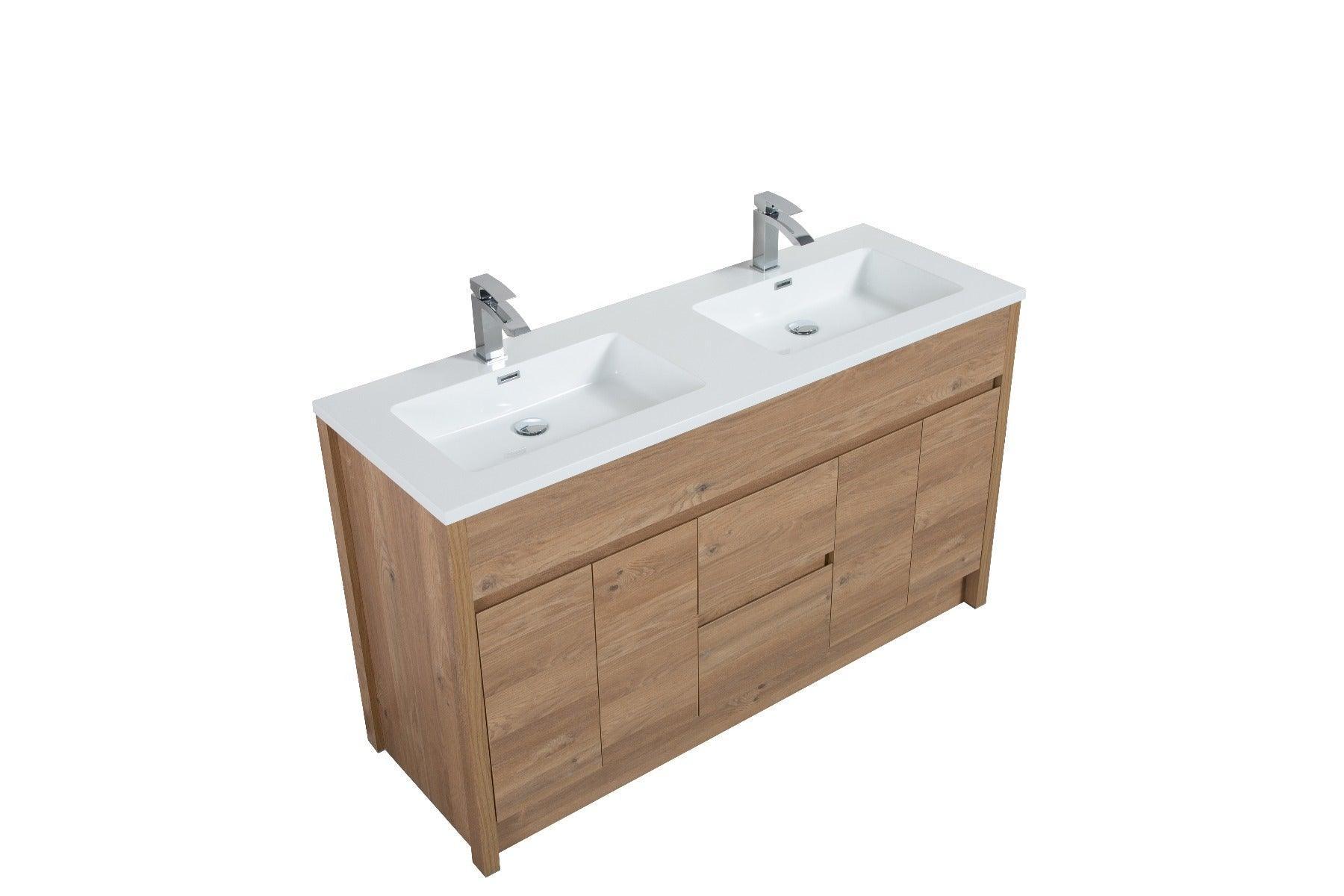 60" Rough Oak Freestanding Double Sink Bathroom Vanity with White Polymarble Countertop-Migration_Bathroom Vanities-DECOROLALA