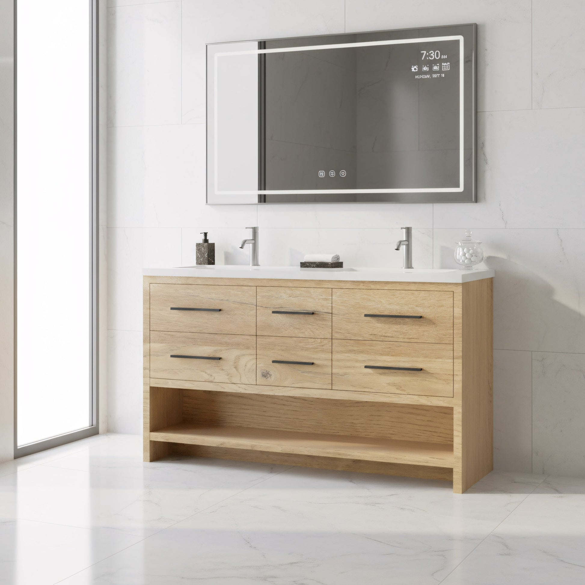 60" Rough Oak Freestanding Double Sink Bathroom Vanity with White Polymarble Countertop-Migration_Bathroom Vanities-DECOROLALA