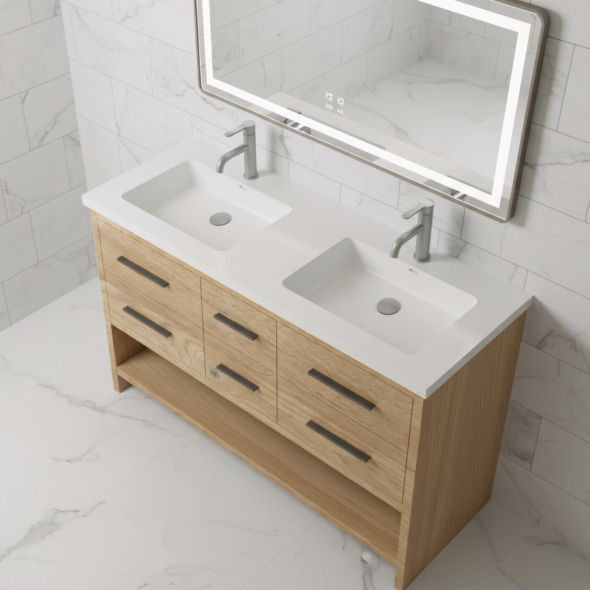 60" Rough Oak Freestanding Double Sink Bathroom Vanity with White Polymarble Countertop-Migration_Bathroom Vanities-DECOROLALA