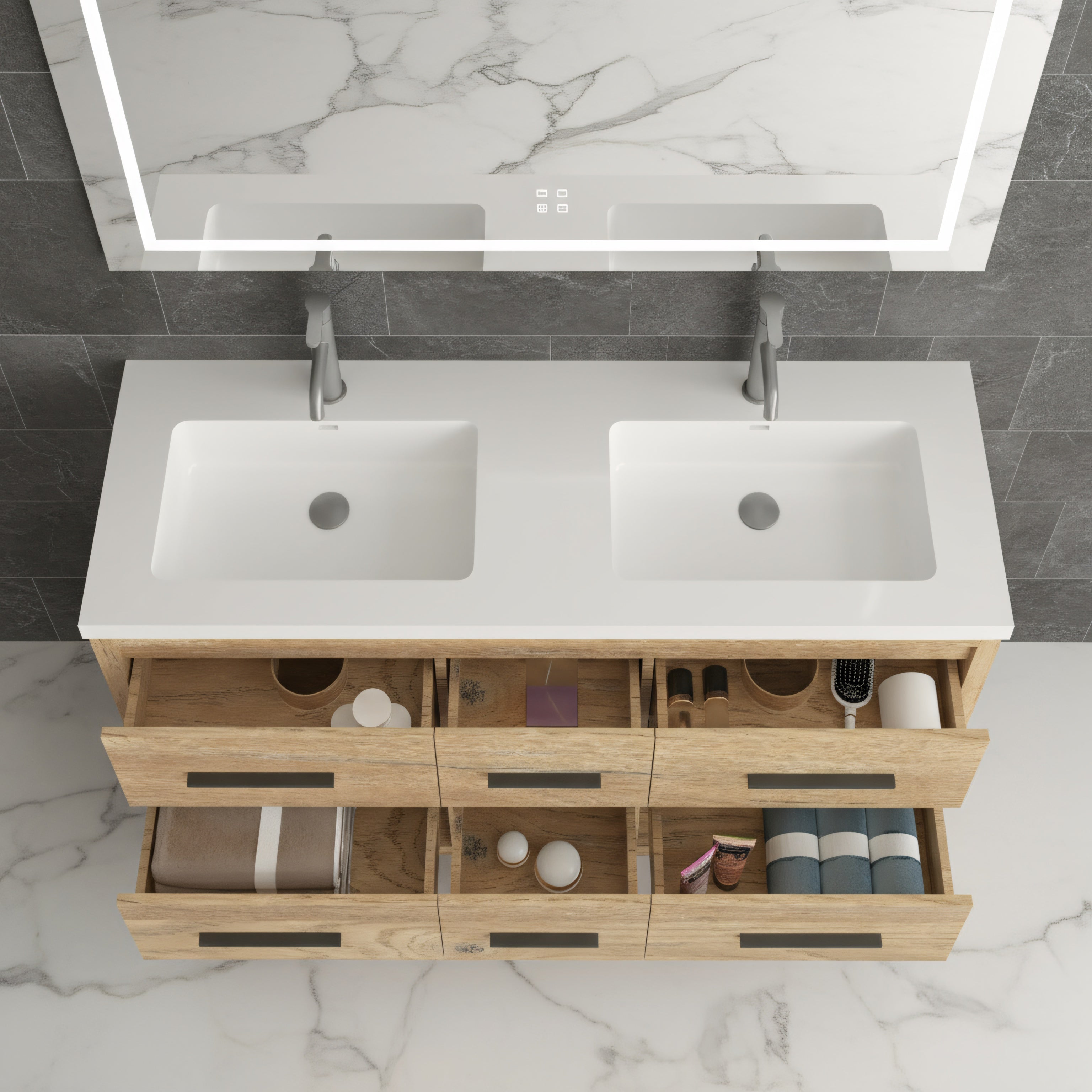 60" Rough Oak Freestanding Double Sink Bathroom Vanity with White Polymarble Countertop-Migration_Bathroom Vanities-DECOROLALA